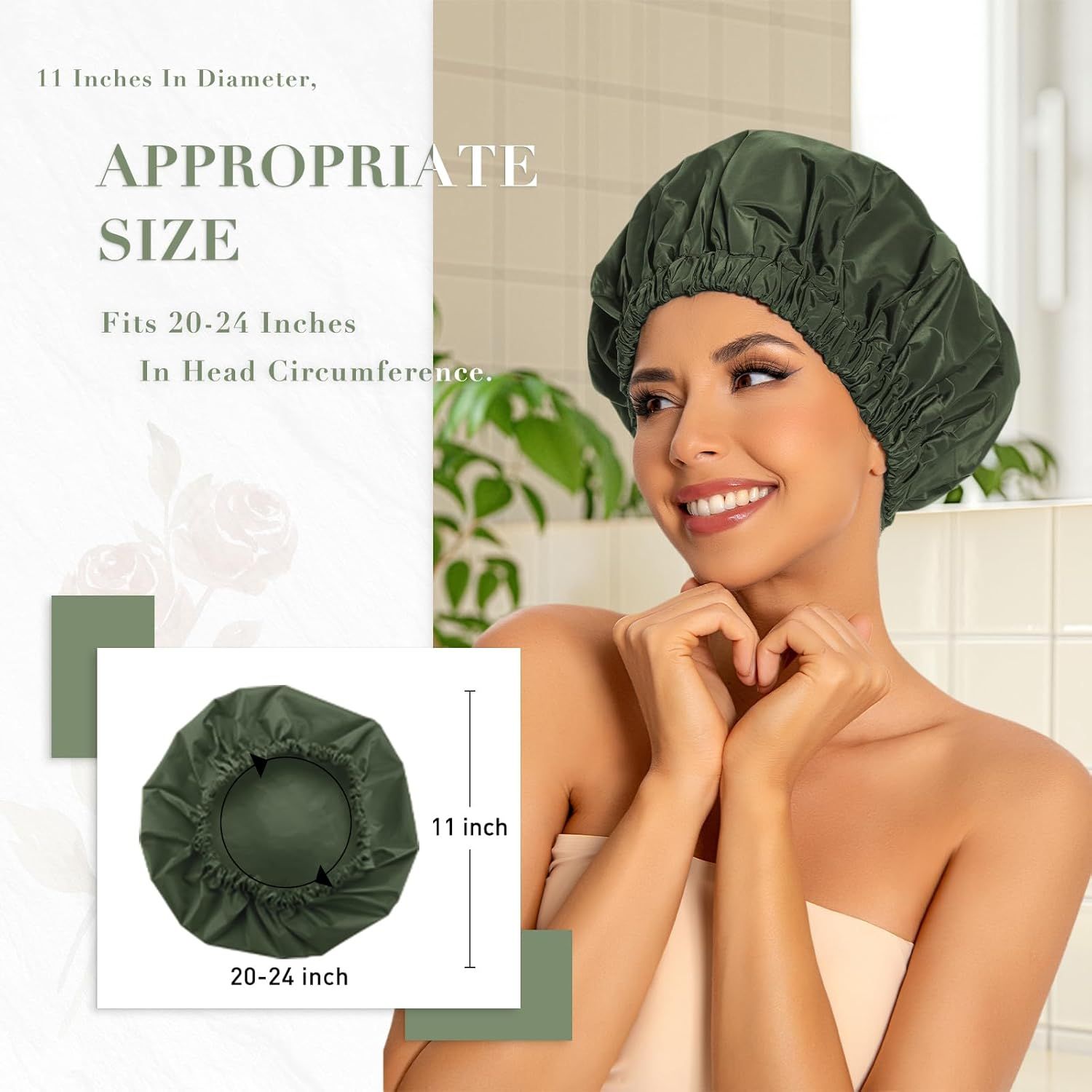 Communicates the physical dimensions of the shower cap (11 inches diameter) and its fit range (20-24 inches head circumference) to help shoppers determine if it will fit them comfortably. Reassures…
