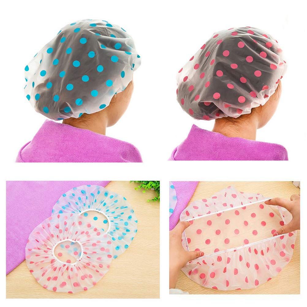 Demonstrates the shower cap in use on a person's head and shows the product's construction and flexibility through multiple angles and contexts to help shoppers understand how it works and fits.