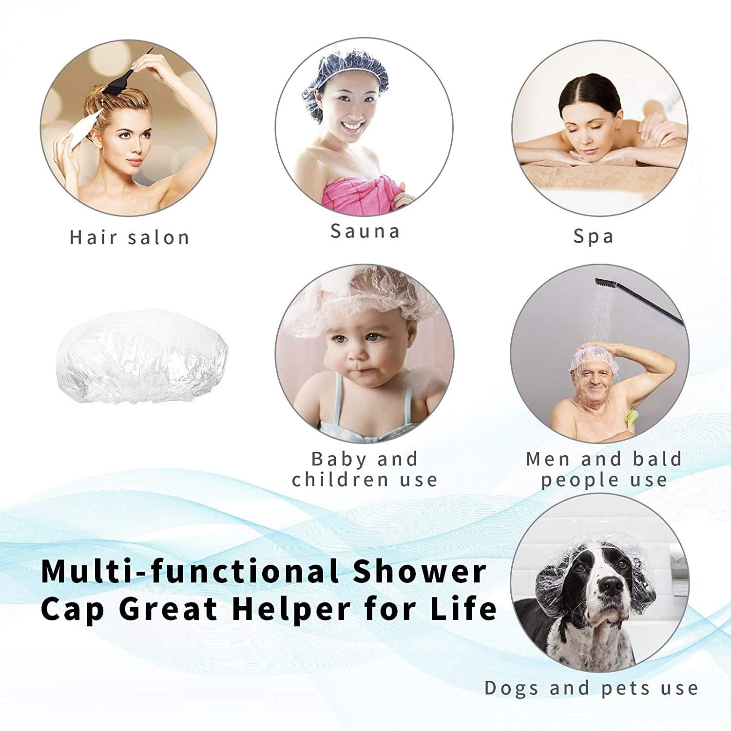 Demonstrates the versatility of the shower cap by showing it can be used across multiple scenarios and by different users including adults, children, pets, and in various settings like salons,…