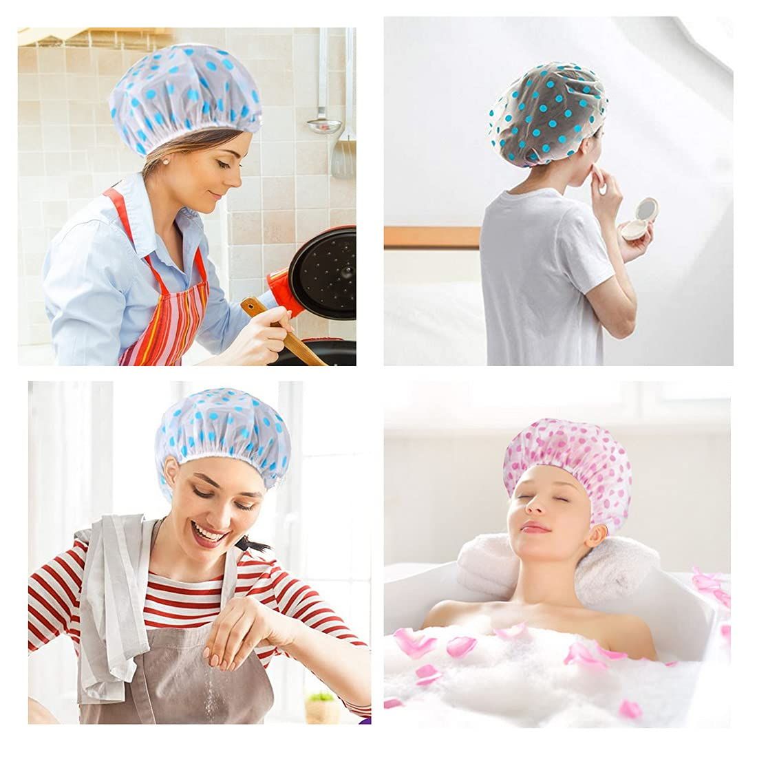 Demonstrates the versatility of the shower cap by showing it being used in multiple real-world scenarios including cooking, applying makeup, skincare routines, and bathing, reassuring shoppers that…