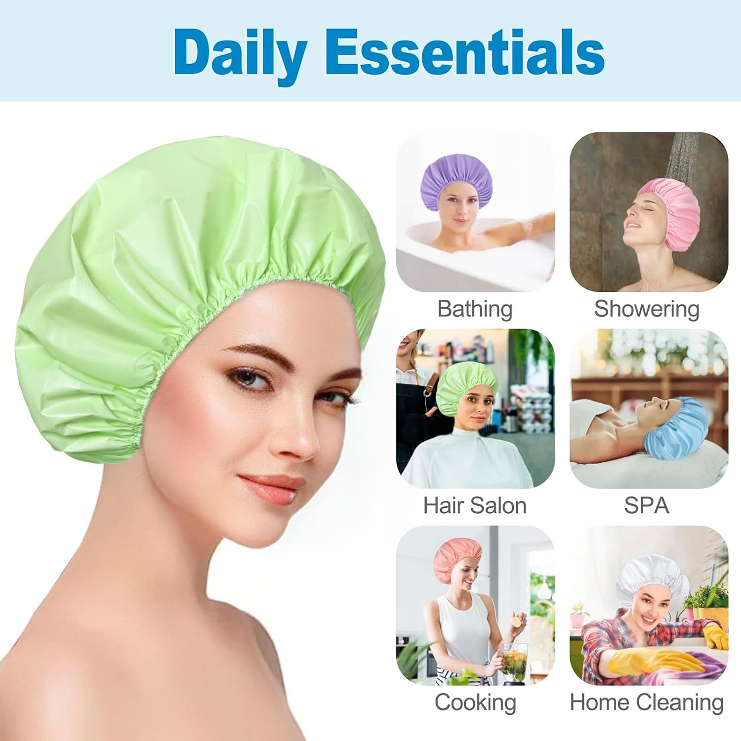 Demonstrates the versatility of the shower cap by showing it can be used across six different daily scenarios, from personal care to household tasks.