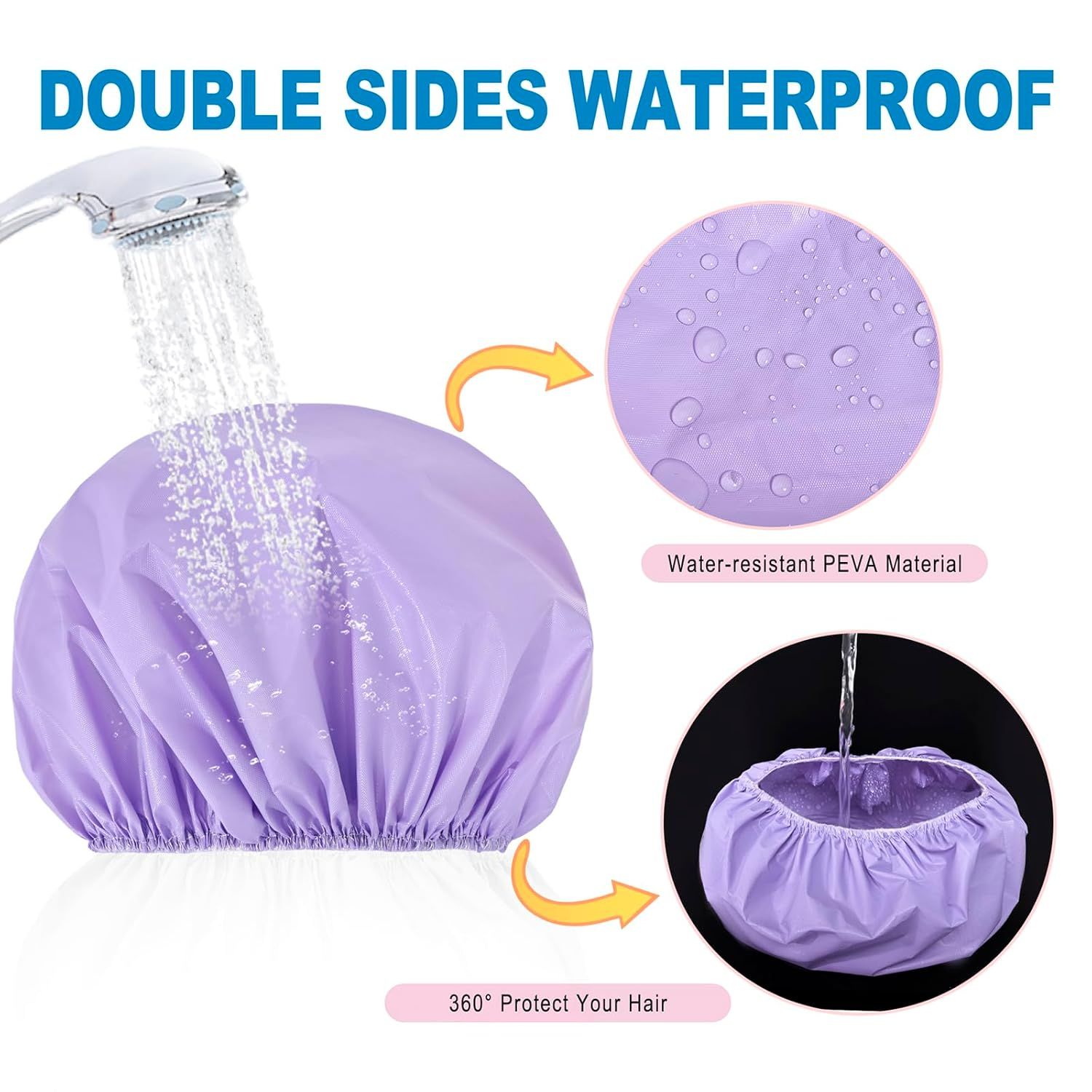 Demonstrates the product's waterproof construction and material composition, showing how the double-sided waterproof design protects hair from water exposure. Highlights the core benefit of…