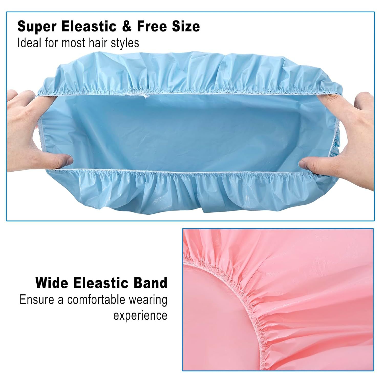 Communicates two distinct product benefits in a segmented layout: the elastic, one-size-fits-all design ideal for various hair styles, and the wide elastic band that ensures comfort during wear.