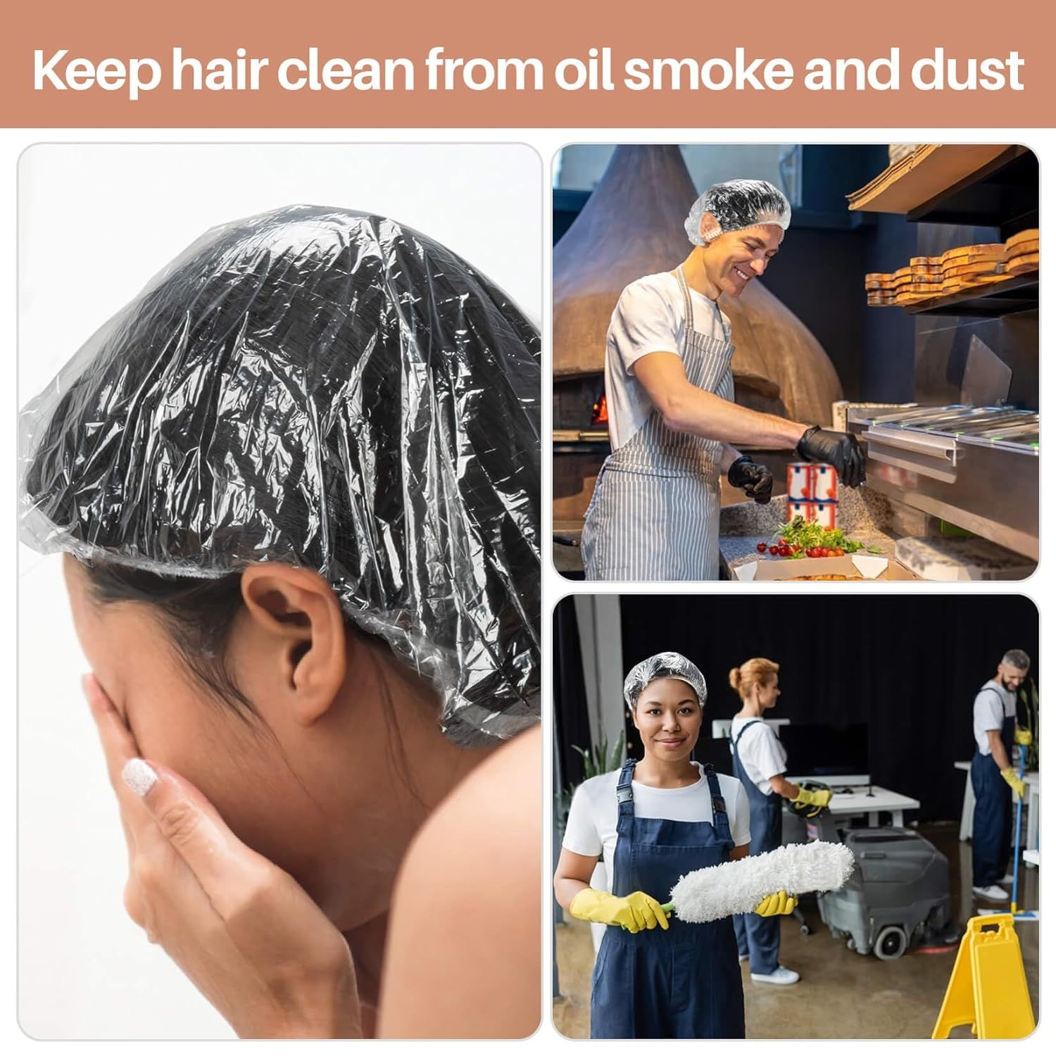 Demonstrates the versatility of the product by showing it can be used in multiple real-world scenarios—protecting hair during treatments, cooking in commercial kitchens, and cleaning environments—to…
