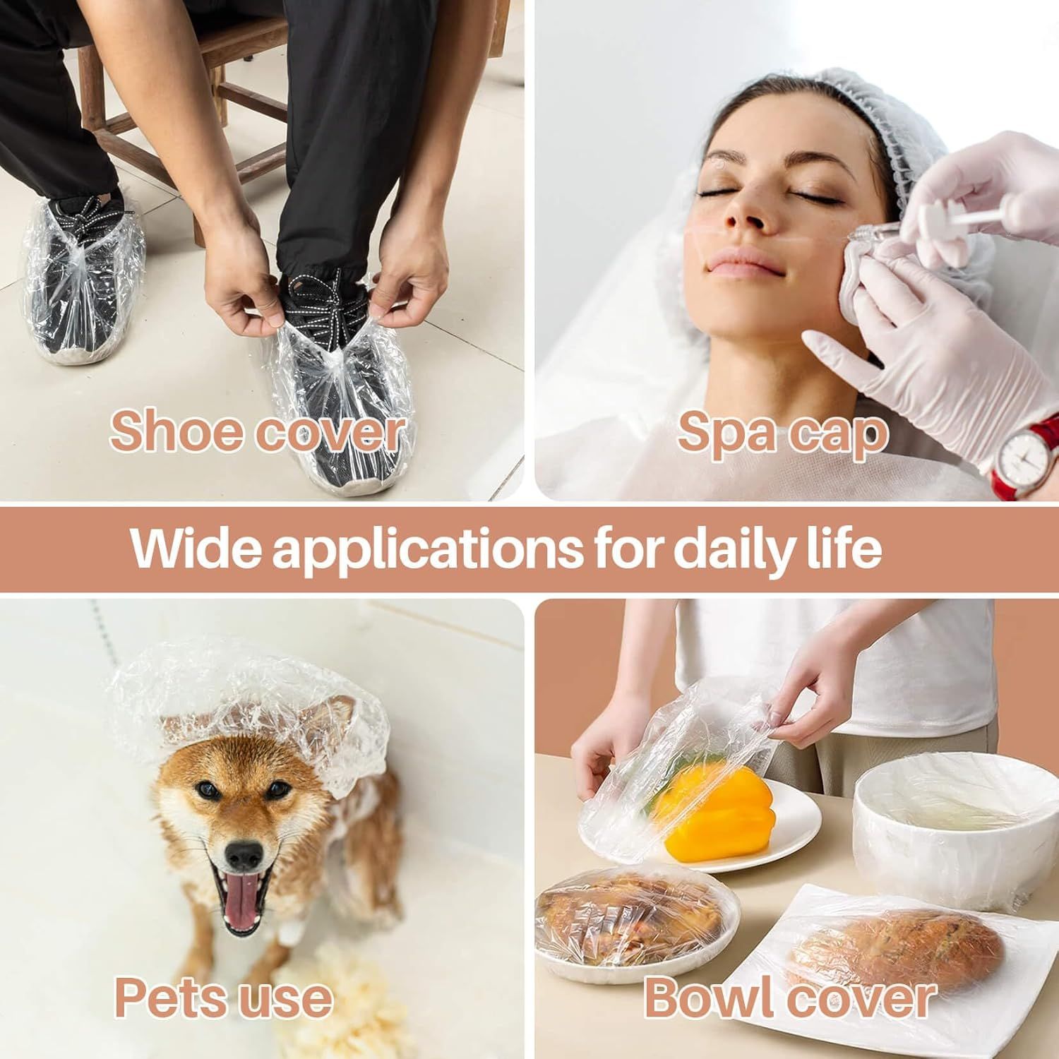 Demonstrates the versatility of the product by showing four distinct everyday applications, reassuring shoppers that this is a multi-purpose solution for hygiene and protection across various…