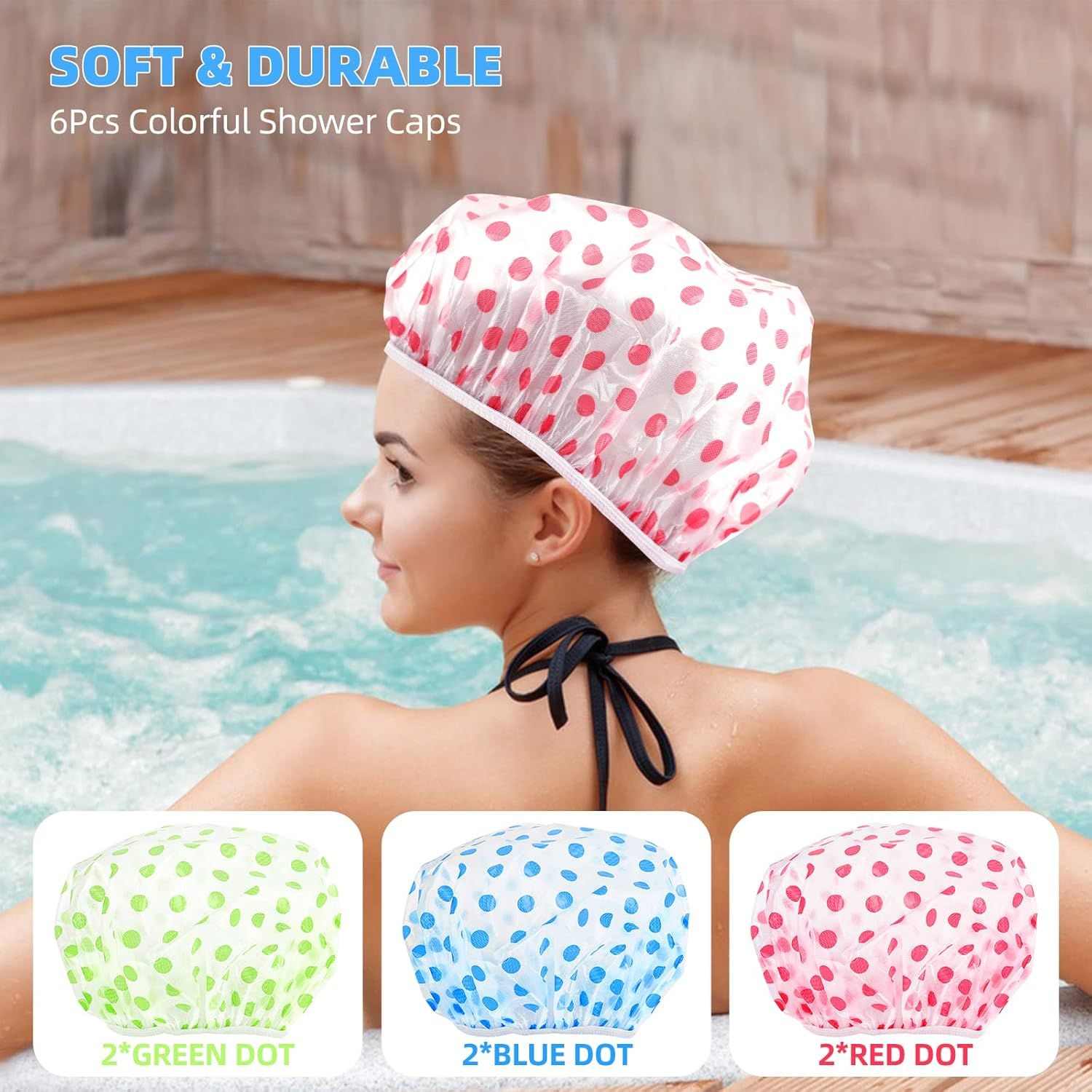 Shows the customer all the color variations included in the 6-piece shower cap set, helping them understand the variety and value of the bundle. Highlights the soft and durable quality of the shower…