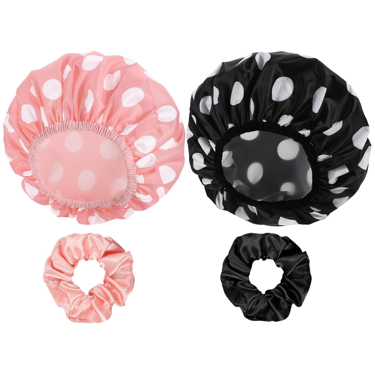 Shows the customer exactly what they will receive in the package: two shower caps in different colors and two matching hair scrunchies.