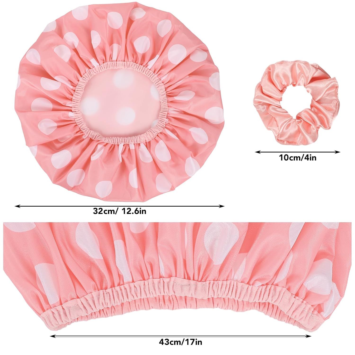 Communicates the exact physical dimensions of the shower cap and hair scrunchie to help shoppers understand the size and fit before purchase. Shows that the purchase includes both a shower cap and a…