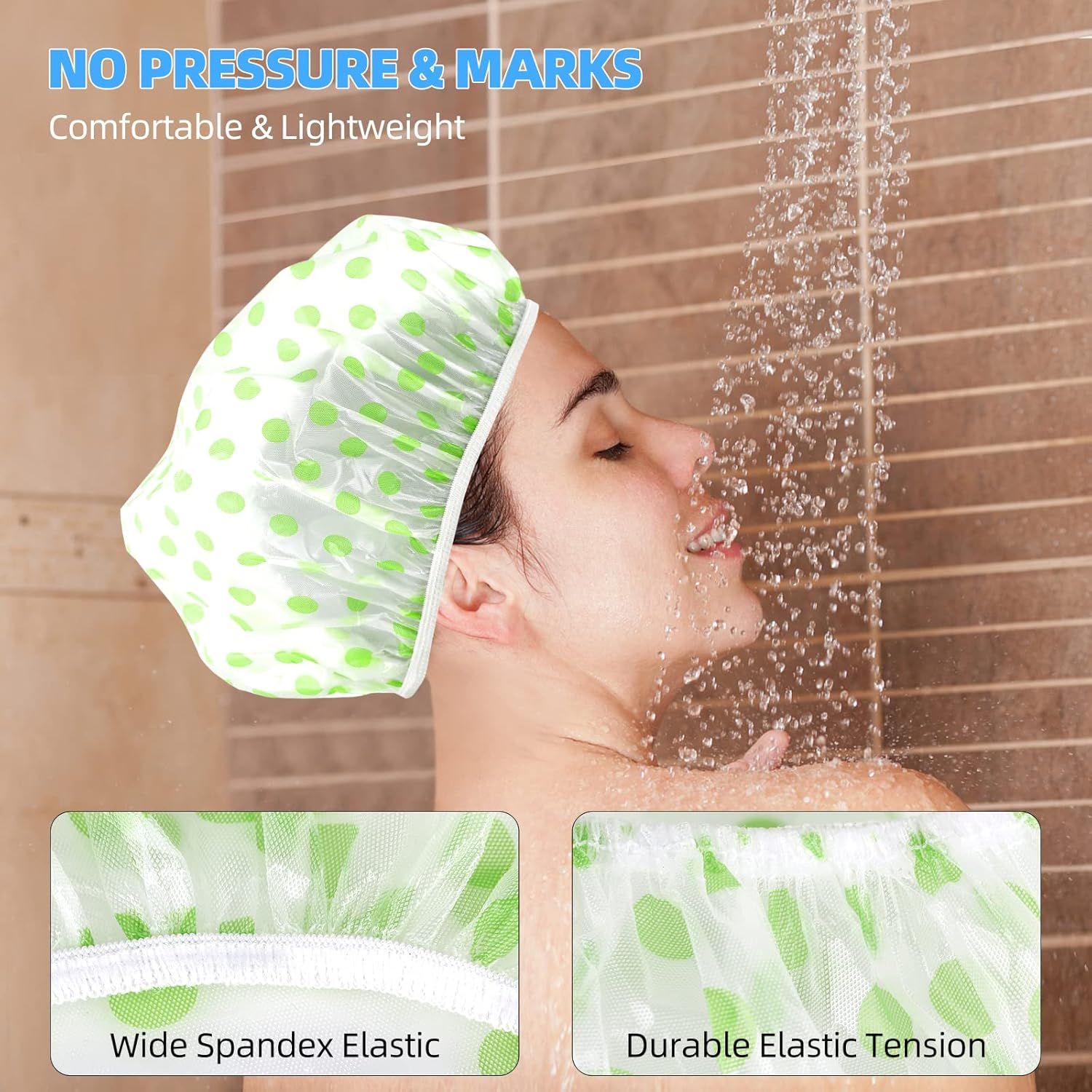 Communicates multiple benefits of the shower cap including comfort, lightweight design, no pressure marks, and durable elastic construction to reassure shoppers of quality and wearability.