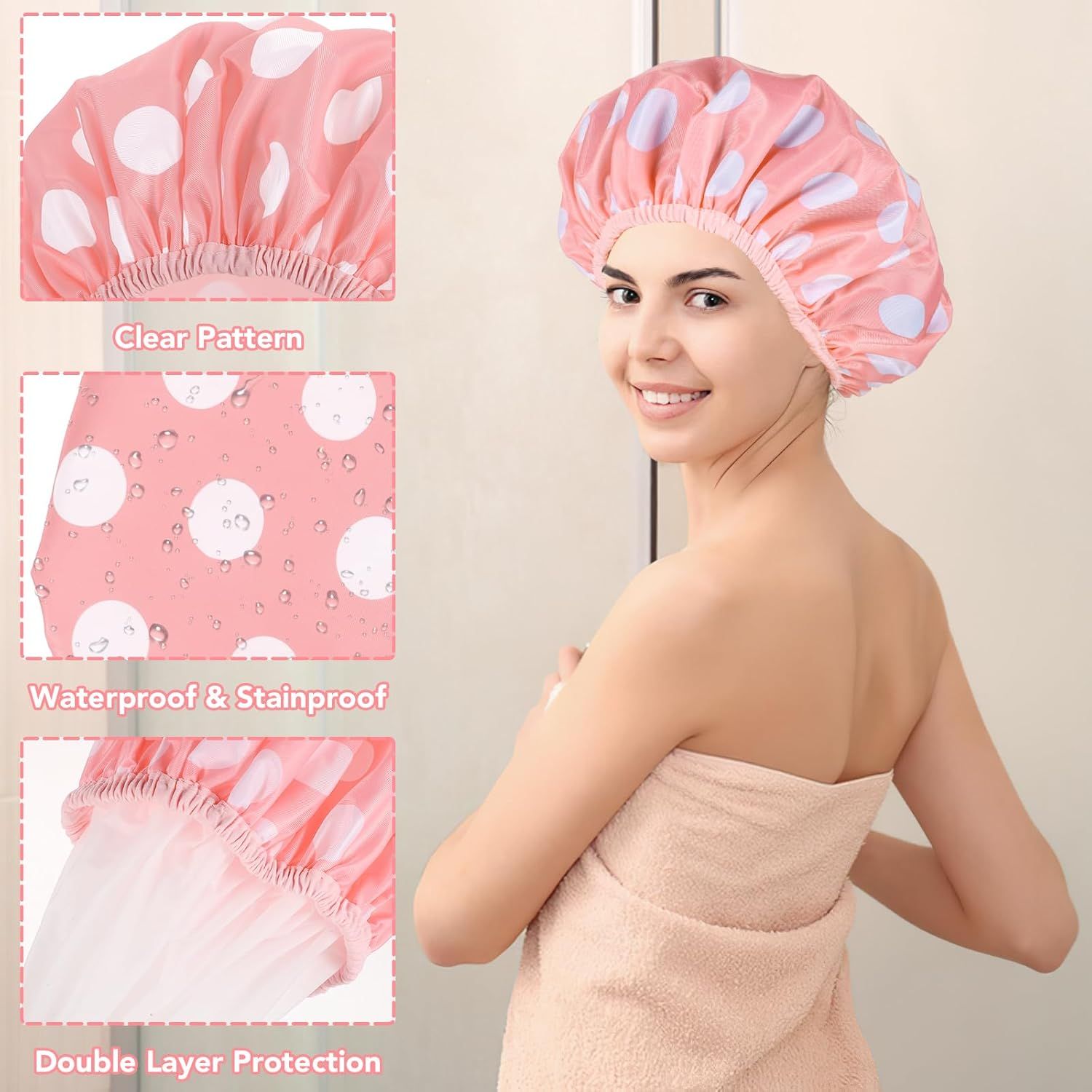 Communicates multiple distinct benefits of the shower cap through a segmented layout with three separate callout panels, each highlighting a different feature to reassure shoppers of quality and…