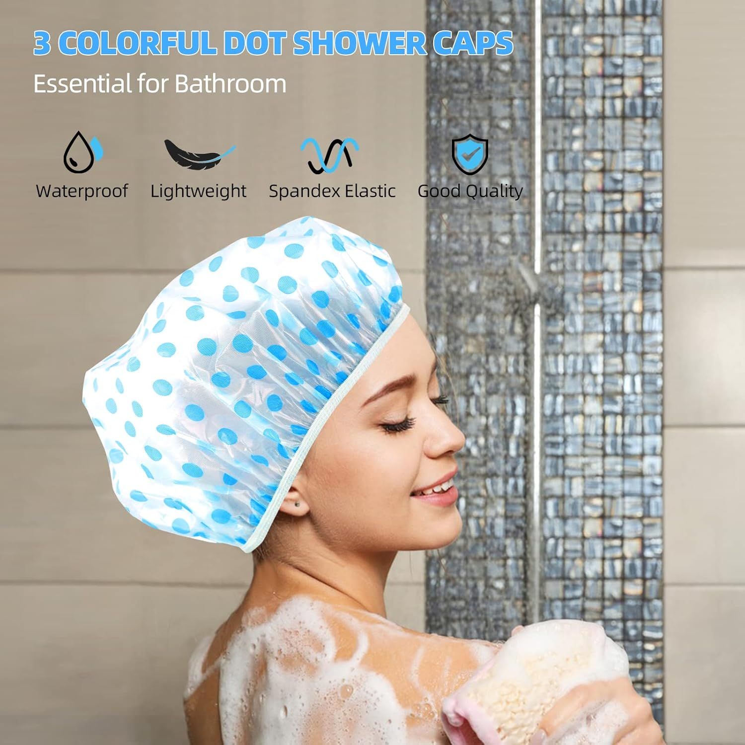 Communicates multiple key benefits of the shower caps in a segmented layout with icons, reassuring shoppers about the product's waterproof protection, comfort, elasticity, and overall quality.