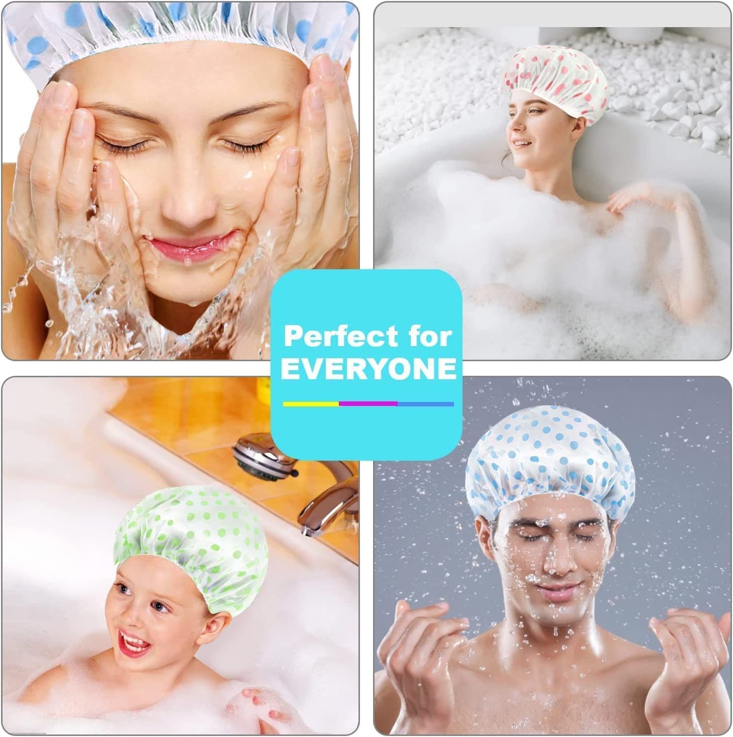 Demonstrates that the product (shower cap) is suitable for everyone—women, men, and children—across different bathing and showering scenarios, emphasizing its versatility and broad appeal.