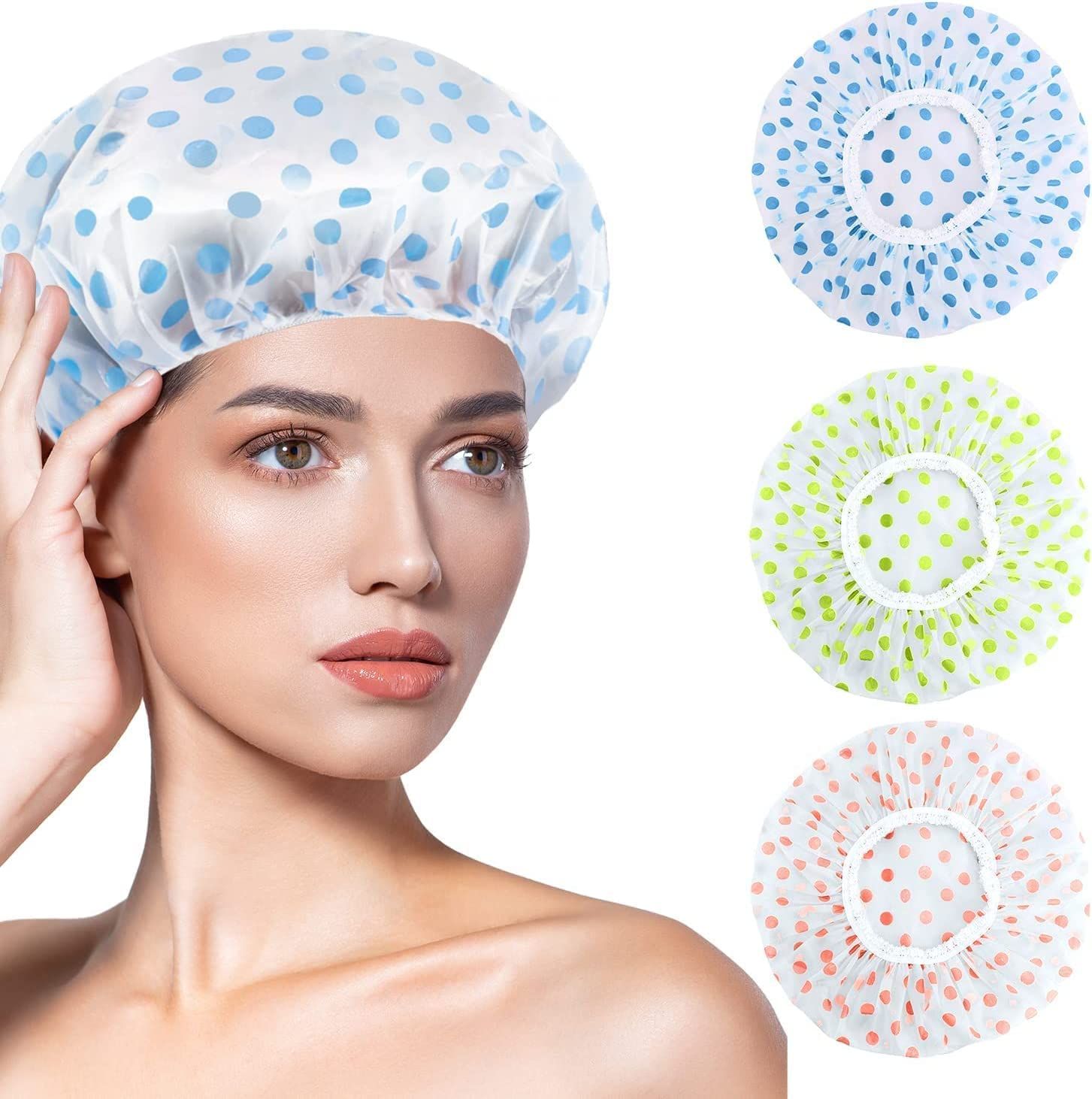 Showcases the available color and pattern options for the shower cap, helping shoppers choose their preferred style from the brand's product lineup.