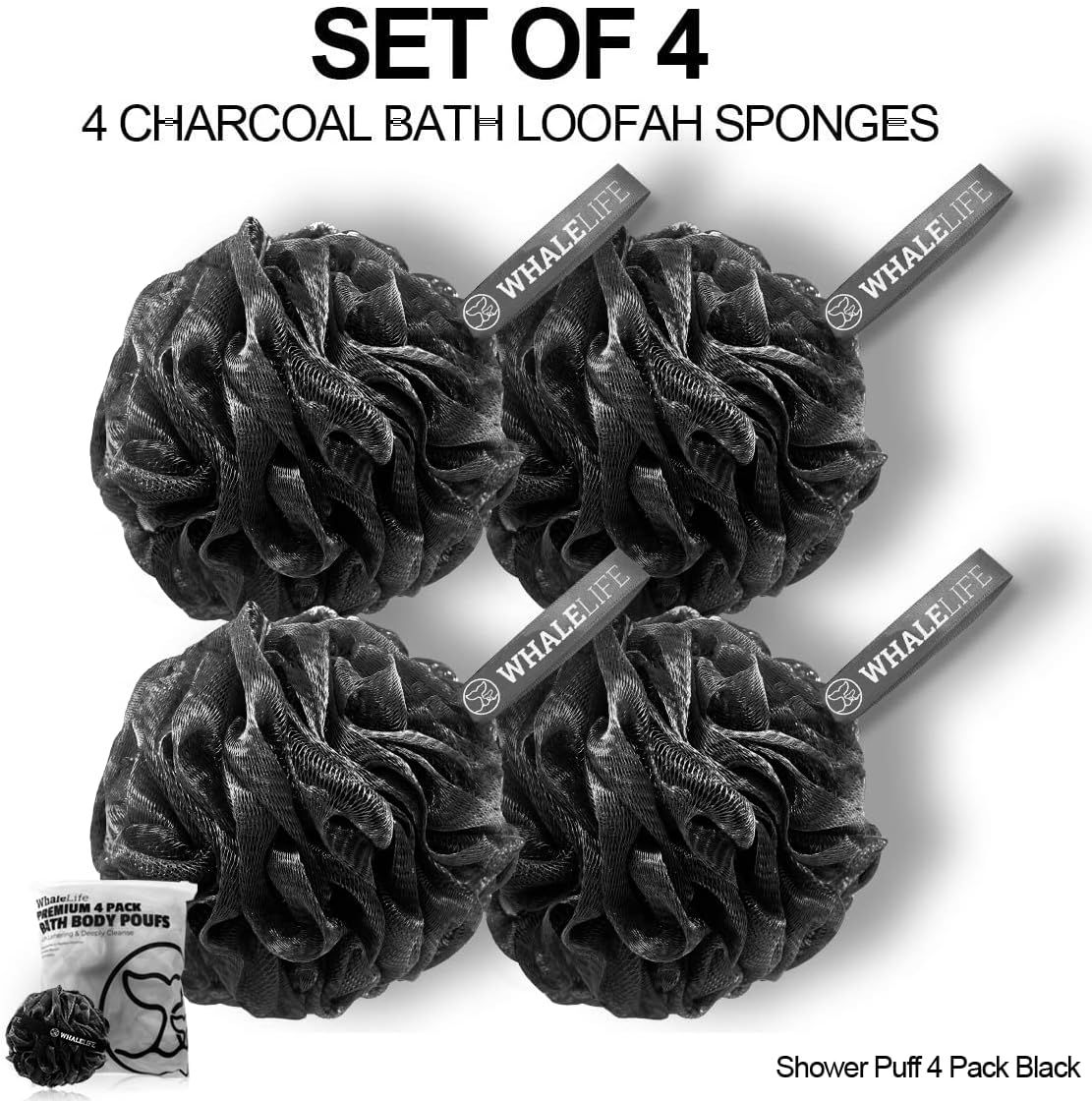 Shows the customer exactly what they will receive in the package: a set of 4 charcoal bath loofah sponges with branded tags, emphasizing the bundle value.