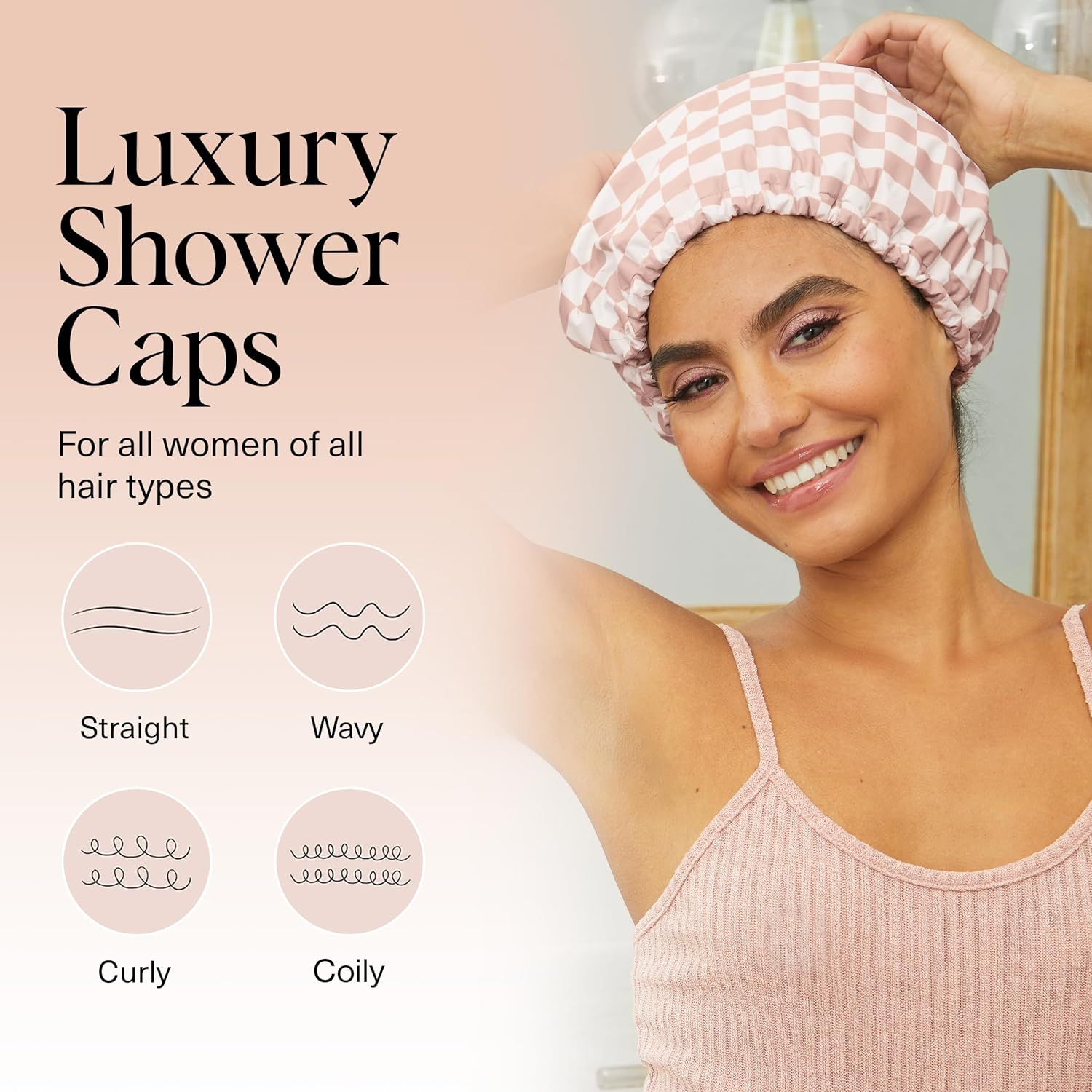 Demonstrates that the shower cap works for multiple hair types (straight, wavy, curly, coily), reassuring shoppers of its universal versatility and inclusivity. Highlights the product's versatility…