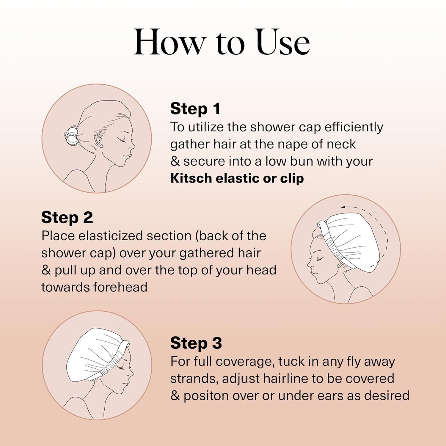 Provides clear step-by-step instructions on how to properly wear and secure a shower cap, helping shoppers understand the correct usage method.