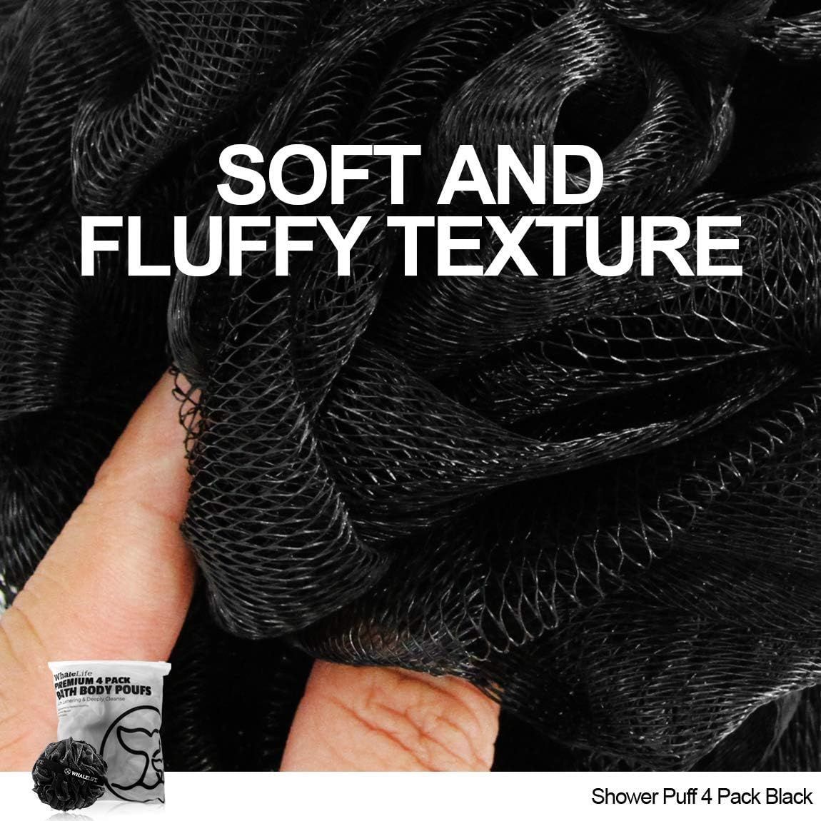 Highlights the soft, fluffy texture of the shower puffs to communicate comfort and quality, reassuring shoppers of a luxurious bathing experience.