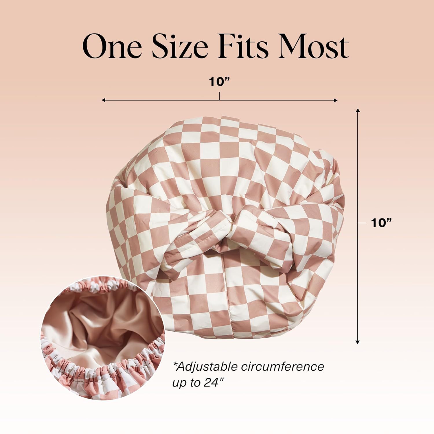 Communicates the physical dimensions of the product (10 inches by 10 inches) and reassures shoppers that it fits most head sizes with an adjustable circumference up to 24 inches.