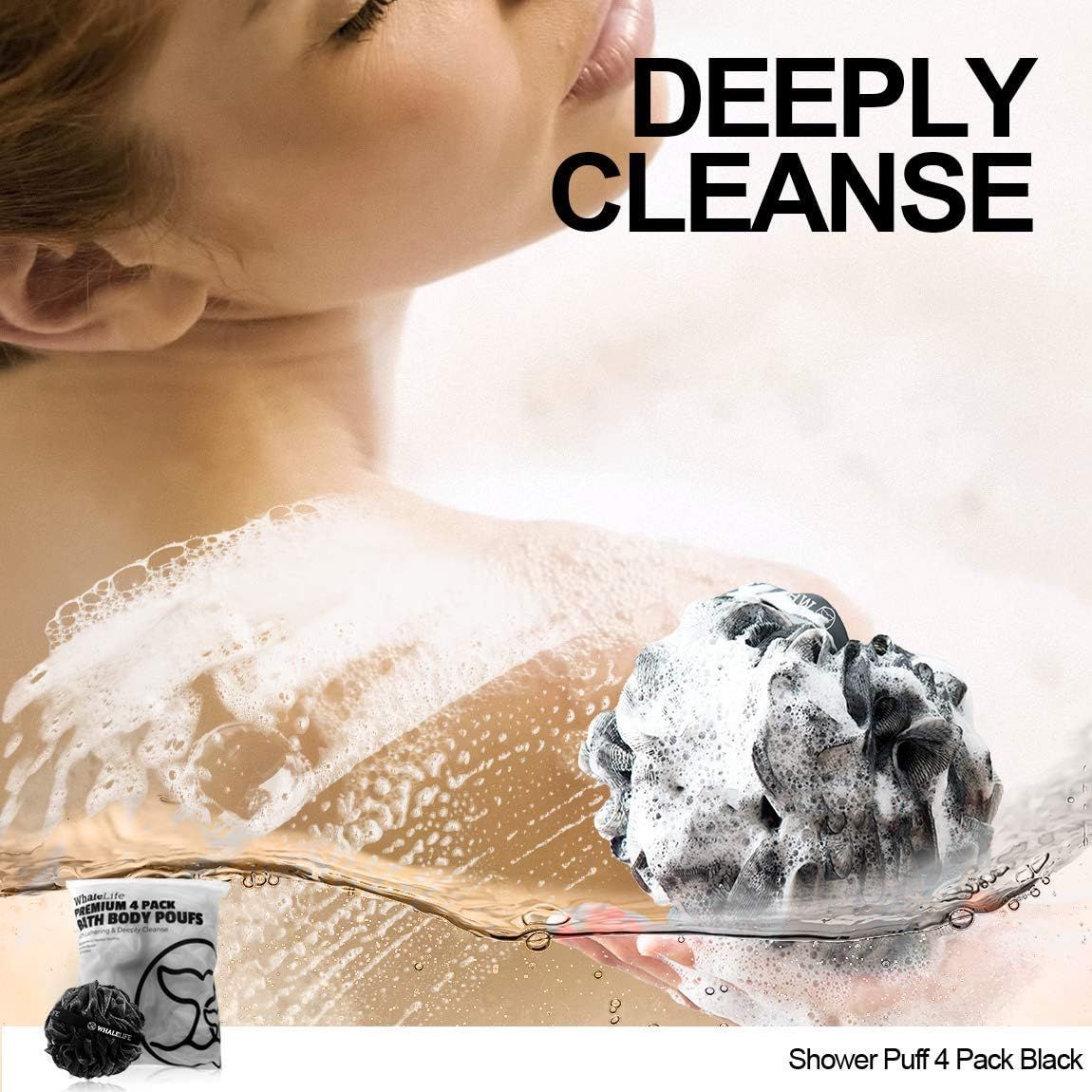 Communicates the product's ability to deeply cleanse the skin, showing the shower puff in action with rich lather to emphasize its cleansing effectiveness.