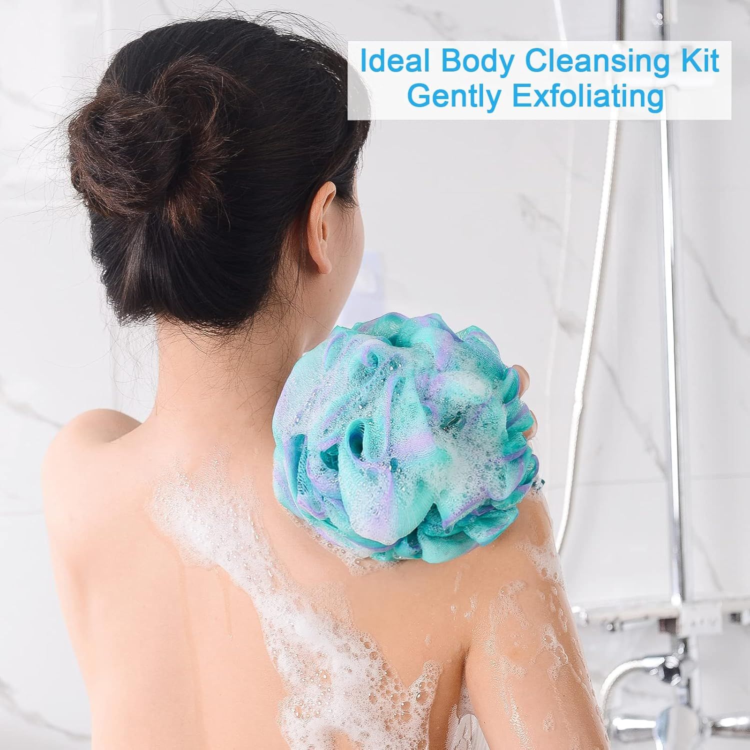Demonstrates the product in use within a real-world bathroom setting to help shoppers visualize how the body cleansing kit works during their daily shower routine.