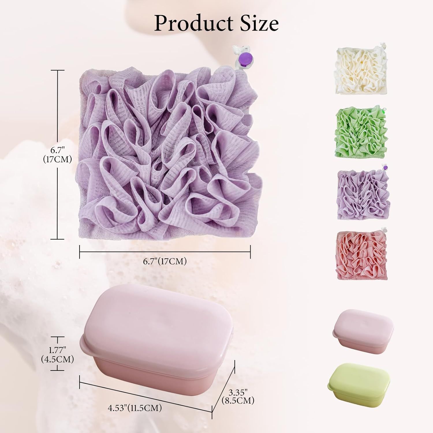 Communicates the exact physical dimensions of the bath sponge and soap case to help shoppers understand the size and scale of the product before purchase.