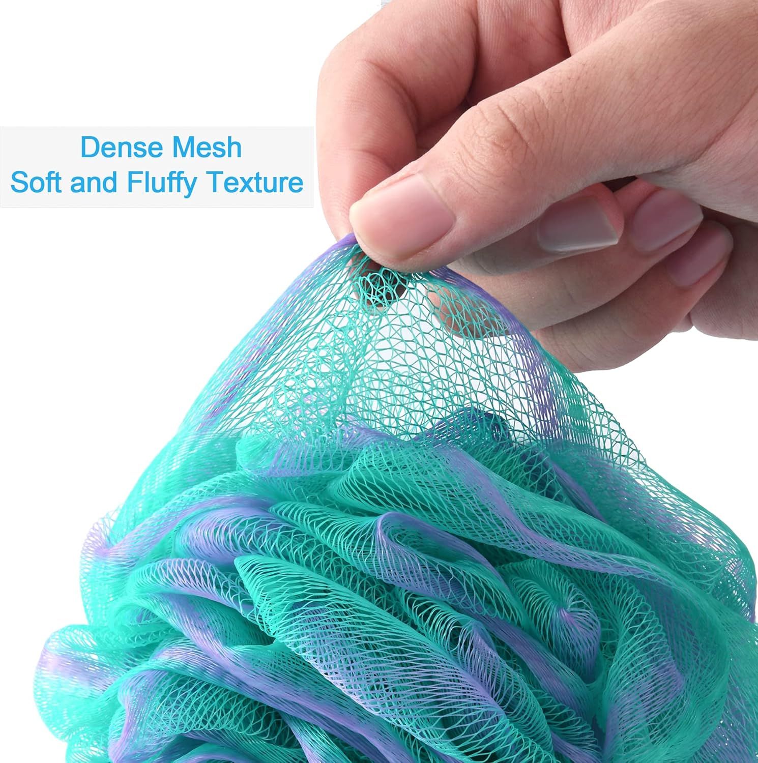 Highlights the product's dense mesh construction and soft, fluffy texture to communicate quality and comfort to the shopper.