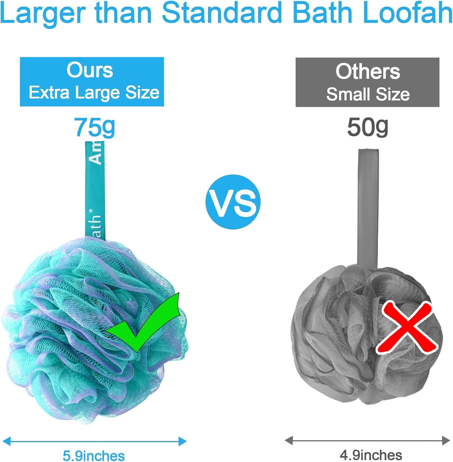 Demonstrates that this bath loofah is significantly larger (75g vs 50g, 5.9 inches vs 4.9 inches) than competing products, reassuring shoppers they are getting more value and better quality.…