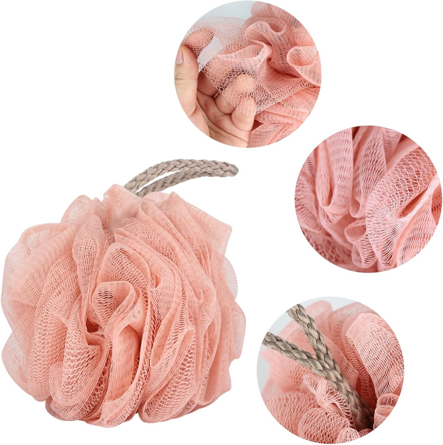 Highlights the physical construction and material details of the bath sponge, showing the mesh texture, soft material quality, and durable braided handle to reassure shoppers of quality and…