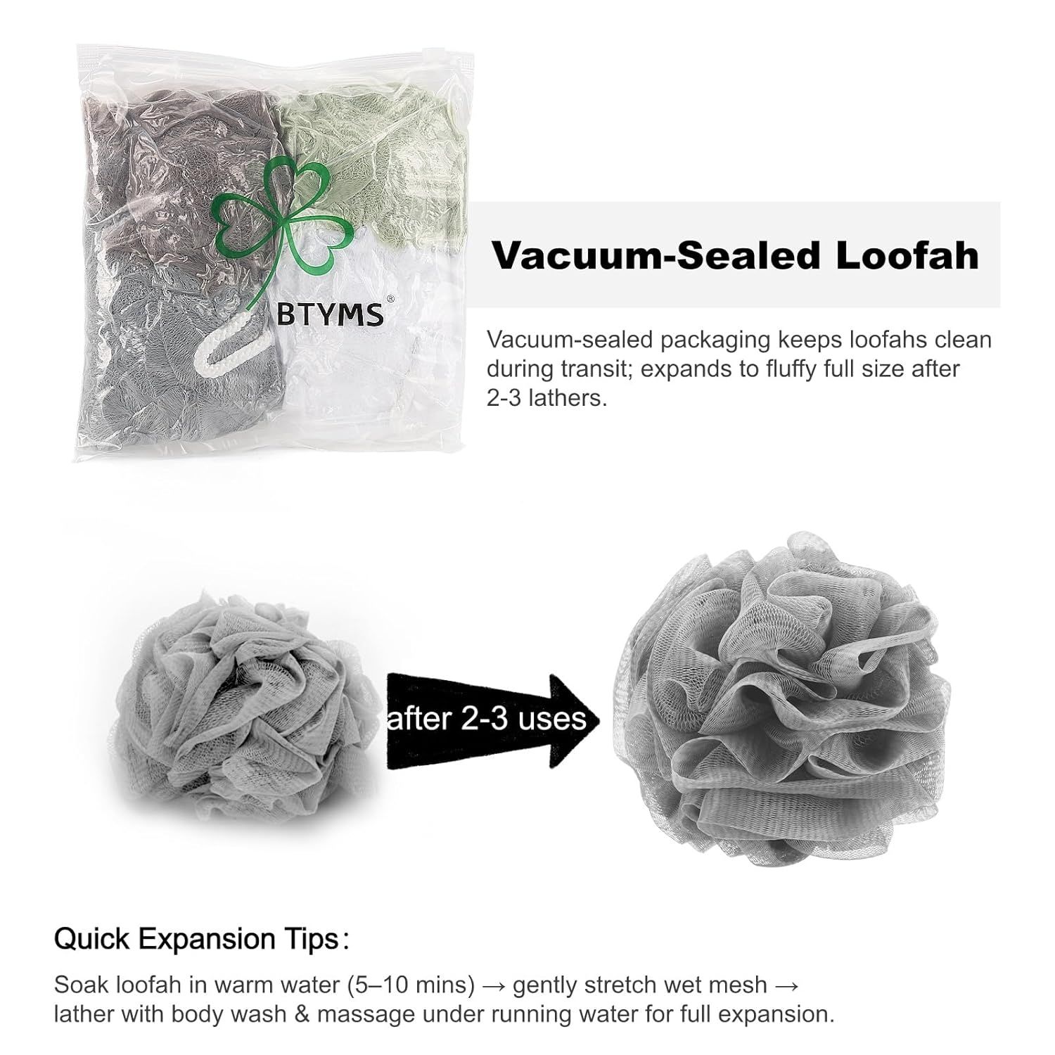 Explains how to expand the vacuum-sealed loofah to full size and demonstrates the transformation from compressed to fluffy after 2-3 uses, reassuring shoppers about the product's functionality and…