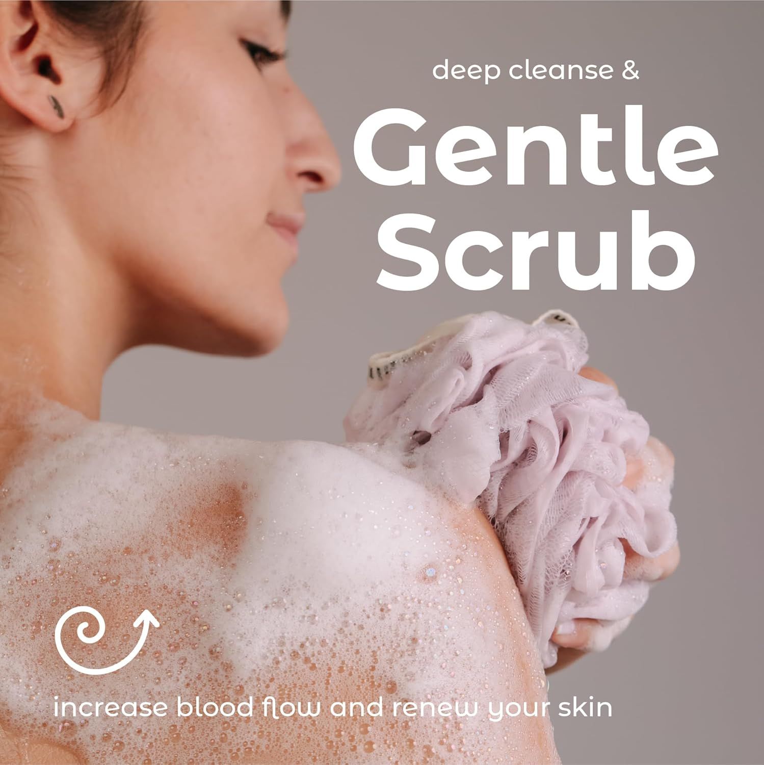 Highlights the product's gentle yet effective cleansing action that deep cleanses while increasing blood flow and renewing skin, reassuring shoppers of both efficacy and gentleness.