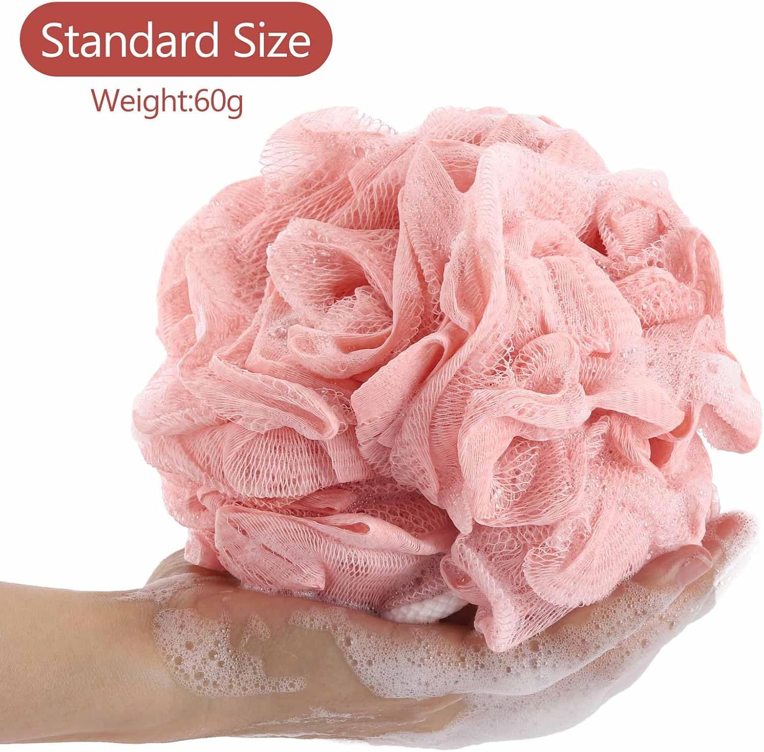 Communicates the physical weight specification of the product (60g) to help shoppers understand the size and heft of the loofah they will receive.