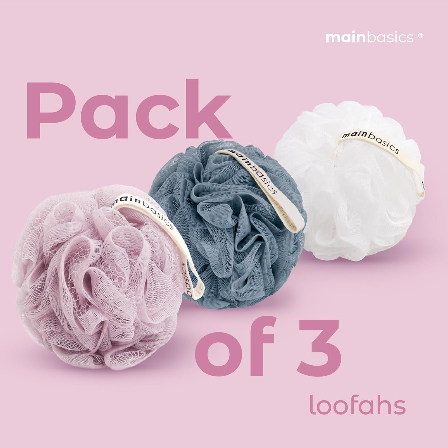 Communicates that the customer receives three loofahs in different colors (pink, blue, white) when purchasing this product, emphasizing value and variety.