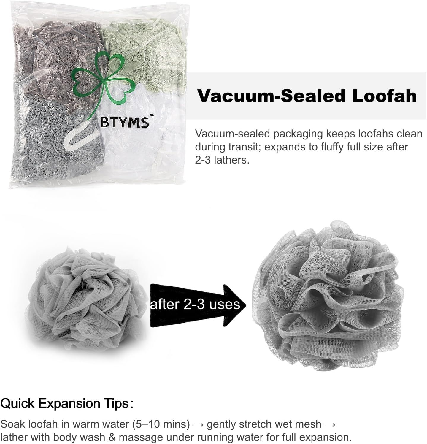 Explains how to properly expand and use the vacuum-sealed loofah, showing the transformation process and providing step-by-step instructions to reassure shoppers about the product's ease of use.…