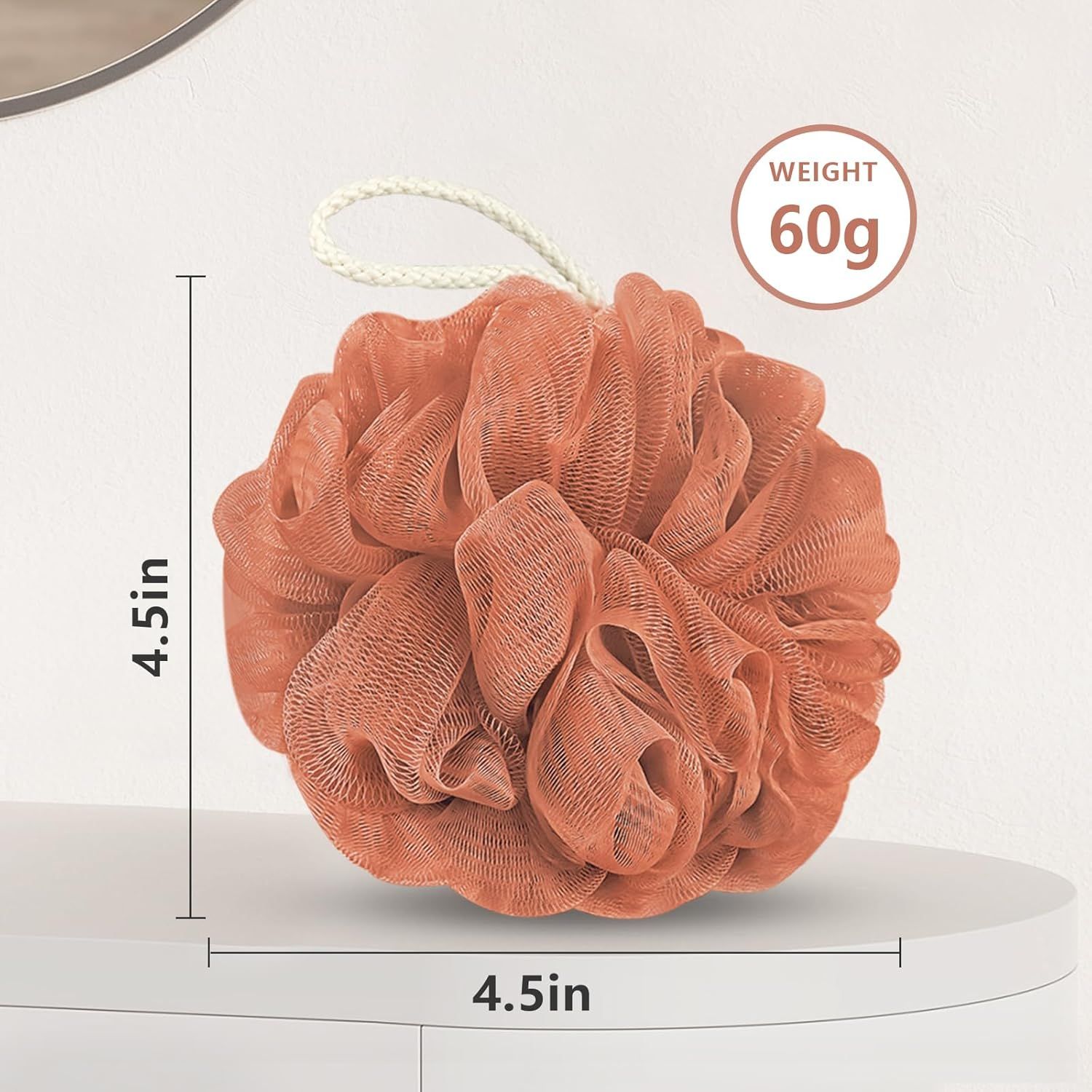Communicates the exact physical size (4.5 inches) and weight (60g) of the bath loofah to help shoppers understand its portability and ease of handling.
