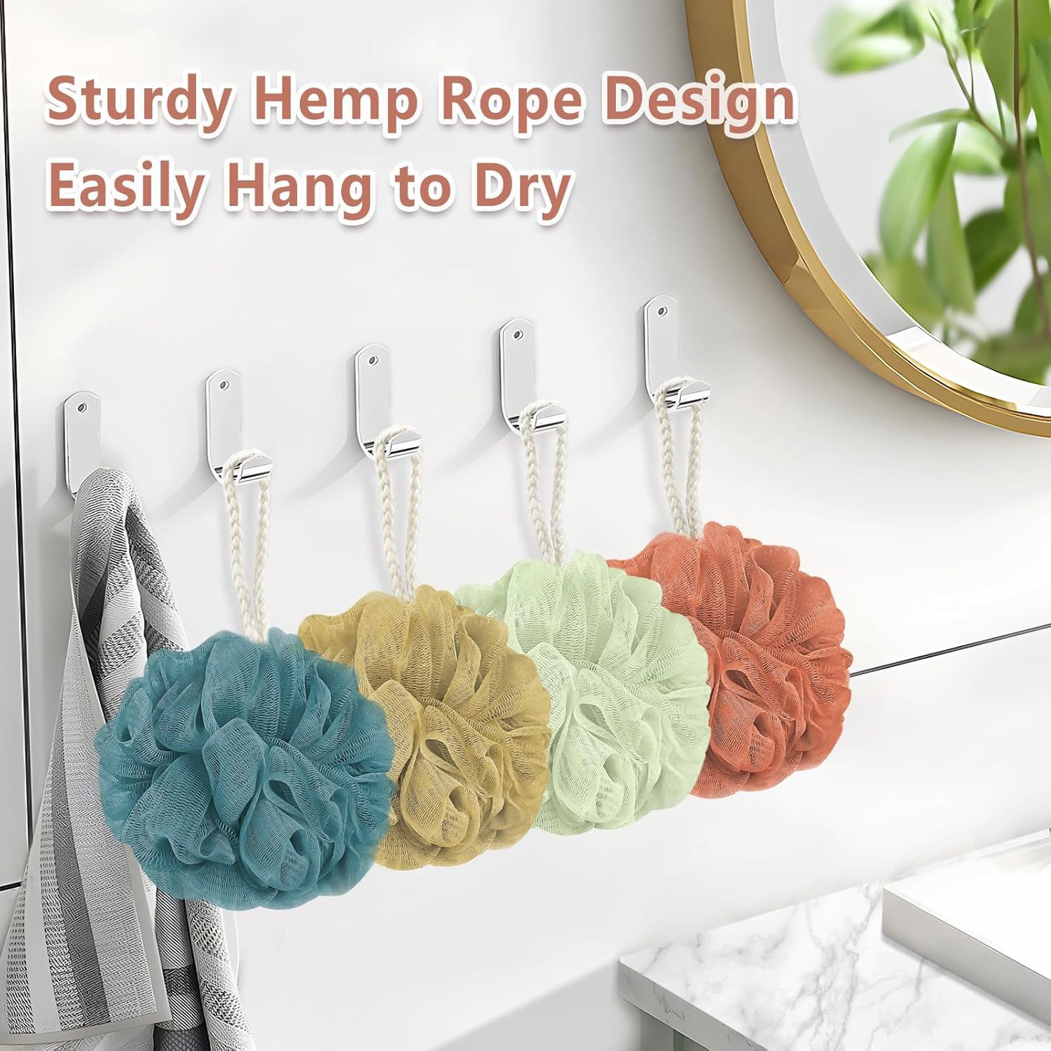 Highlights the sturdy hemp rope design that allows the bath pouf to be easily hung for drying, emphasizing convenience and durability.