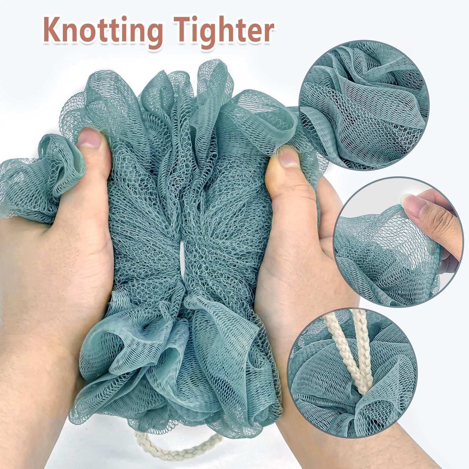 Highlights the product's construction and knotting feature to show how the mesh material is tightly woven and secured with a rope, reassuring shoppers of its durability and quality.