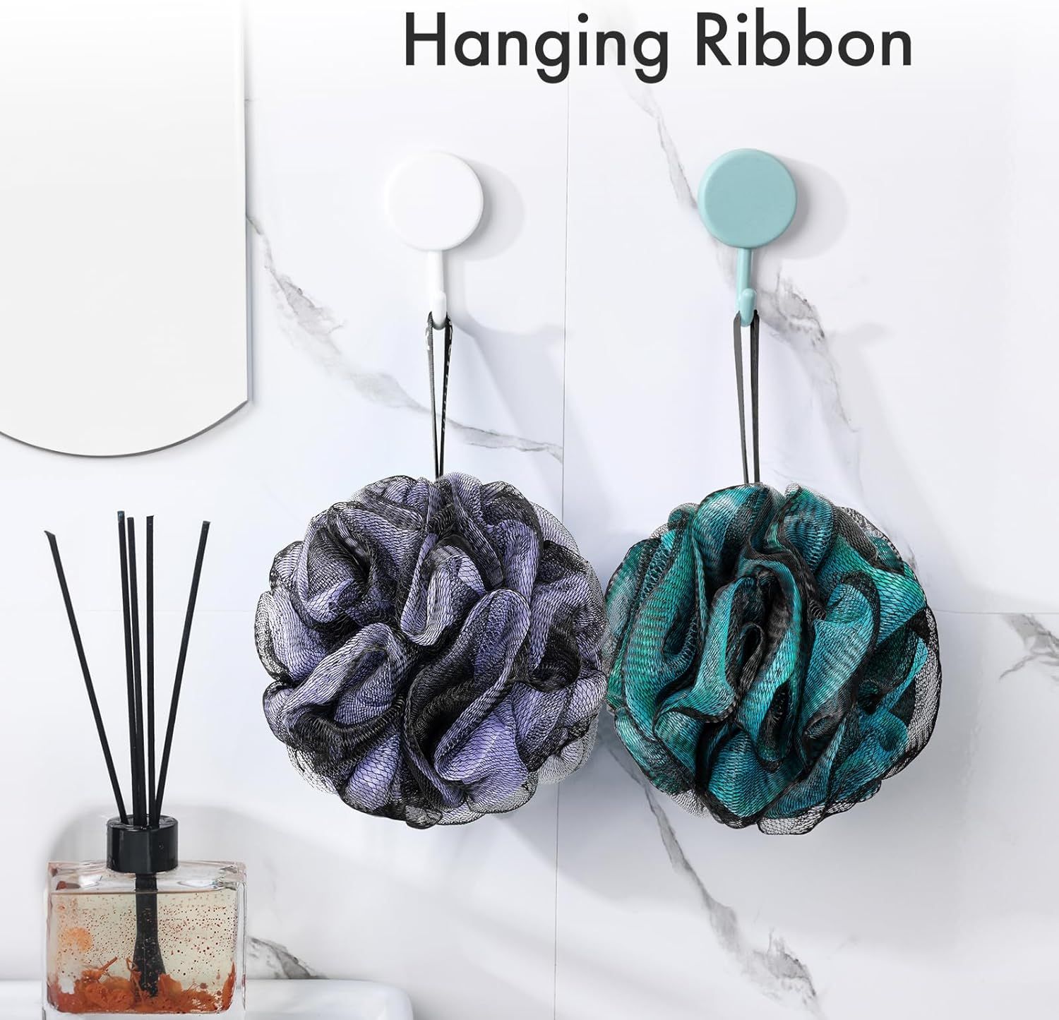 Demonstrates the product's convenient hanging ribbon feature, showing shoppers how the loofah can be easily stored and dried in the shower or bathroom.