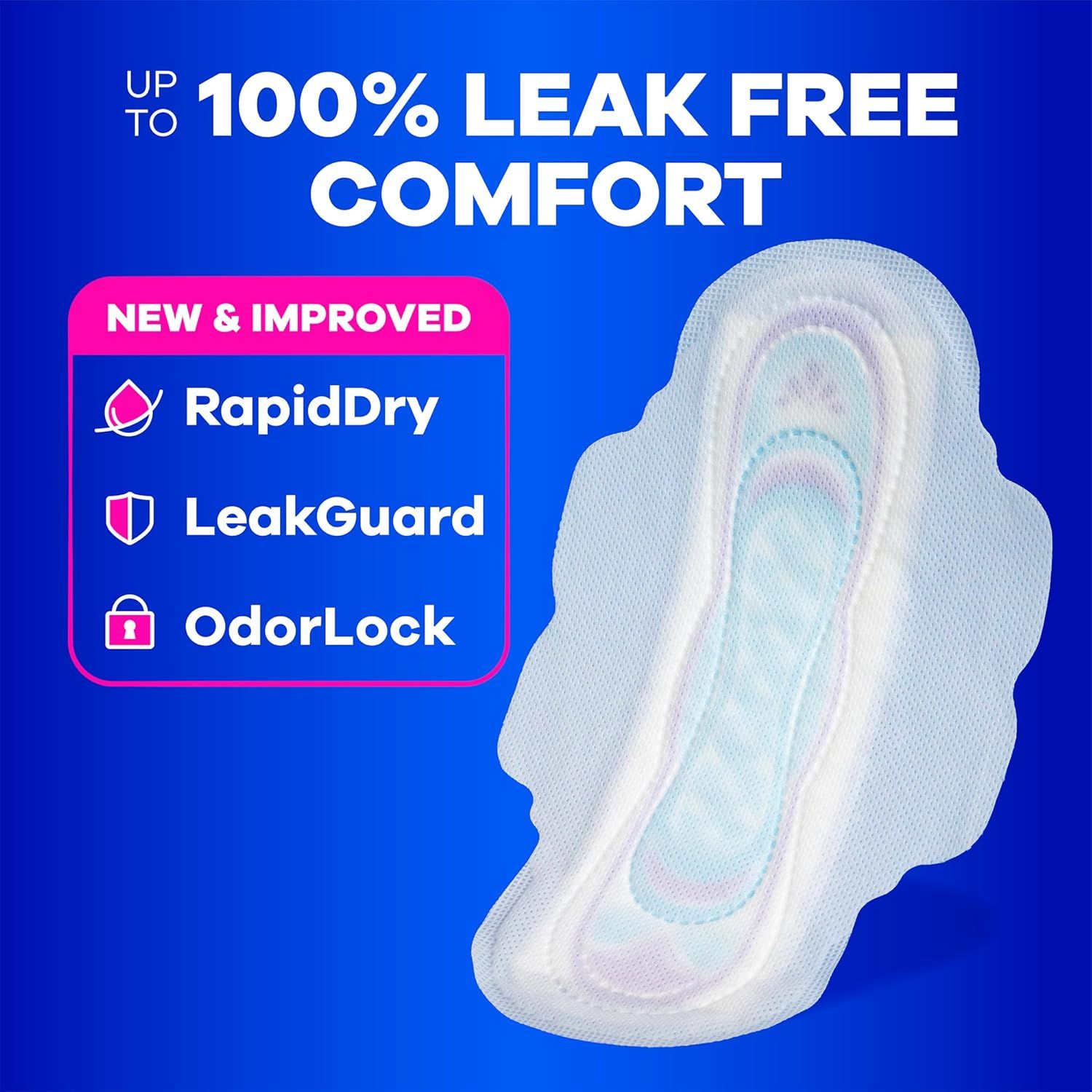 Communicates three distinct product benefits (fast drying, leak protection, and odor control) to reassure shoppers of comprehensive performance and comfort.
