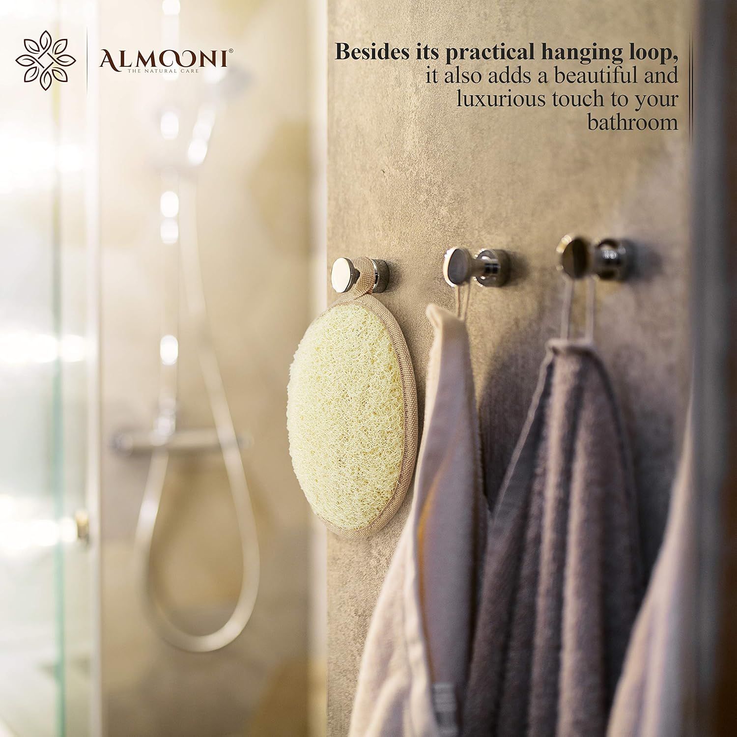 Communicates that the product's hanging loop is both functional and aesthetically pleasing, adding a luxurious touch to the bathroom.