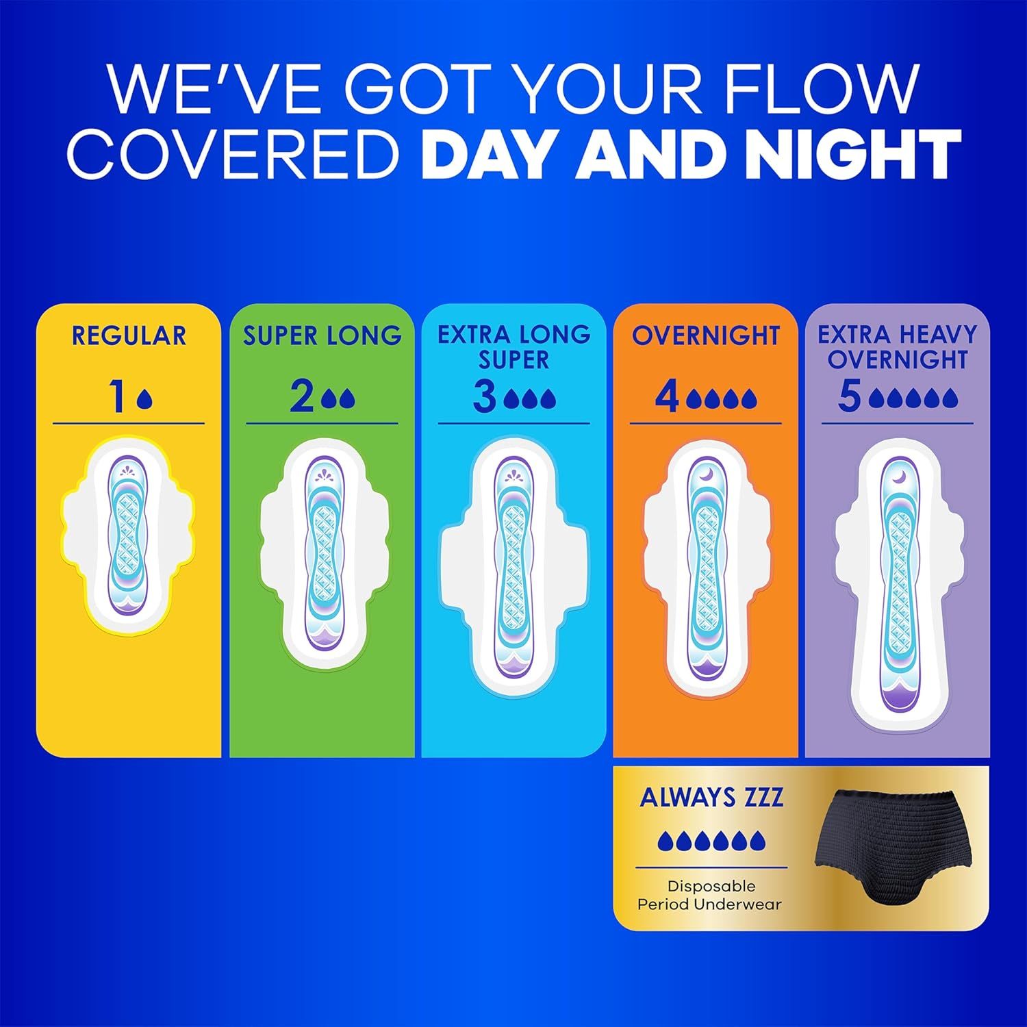 Helps shoppers choose the right pad from the brand's product lineup by showing all available absorbency options (Regular through Extra Heavy Overnight) plus disposable period underwear, making it…