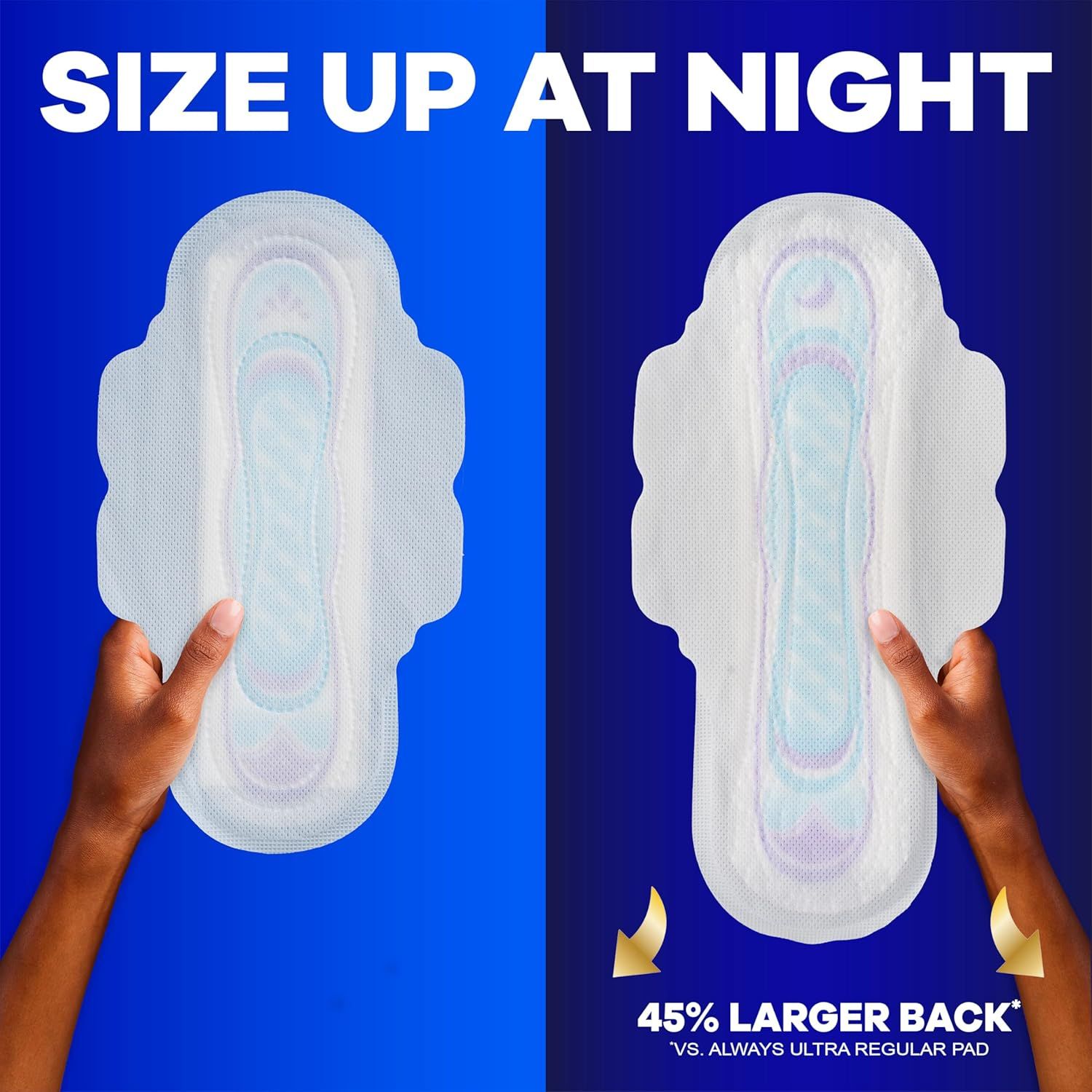 Communicates the quantifiable size advantage of this pad compared to a competitor's regular pad, emphasizing superior nighttime protection through increased back coverage. Visually demonstrates the…