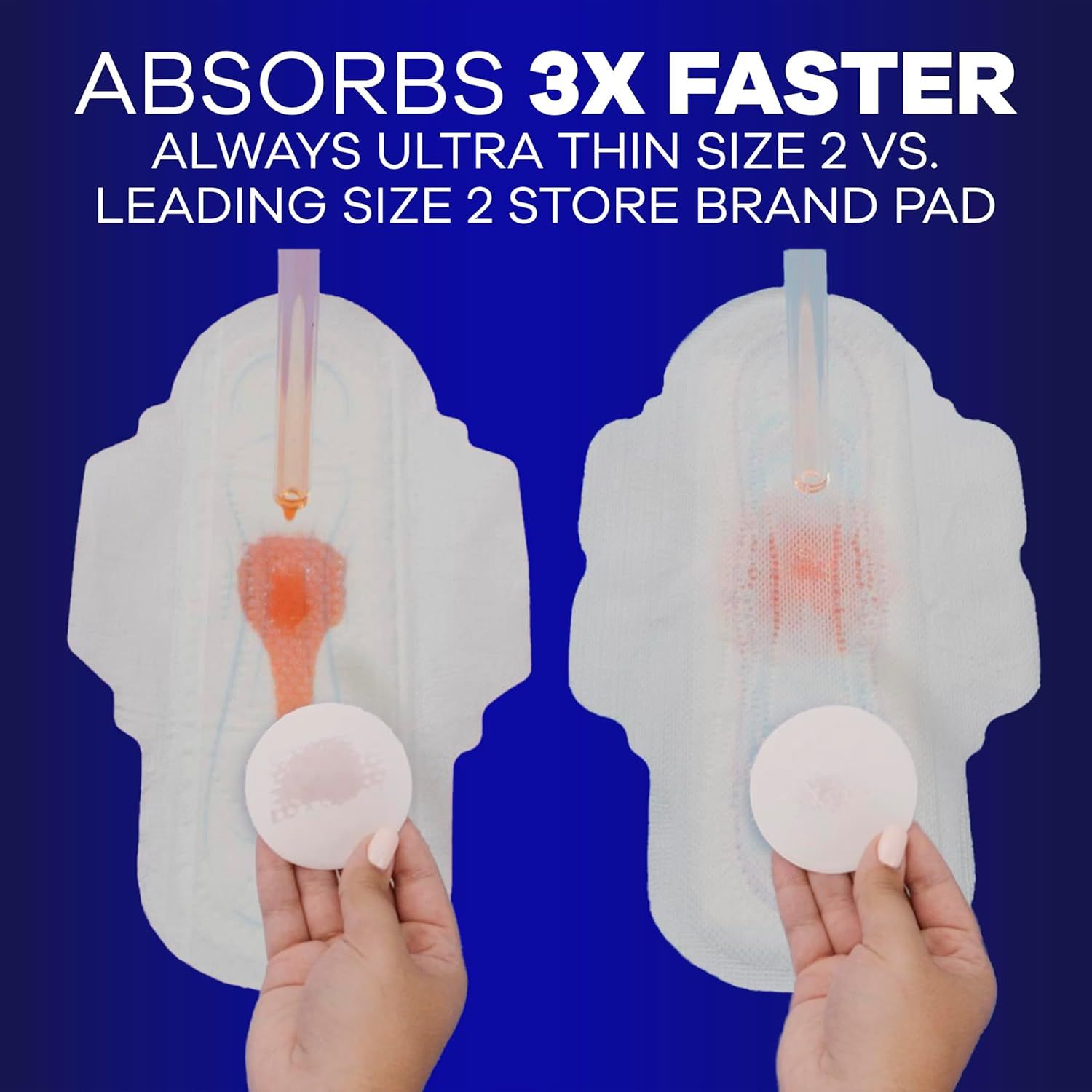 Demonstrates that this product absorbs liquid 3X faster than a leading competitor's store brand pad, using a side-by-side visual comparison to prove superior performance. Highlights the quantifiable…