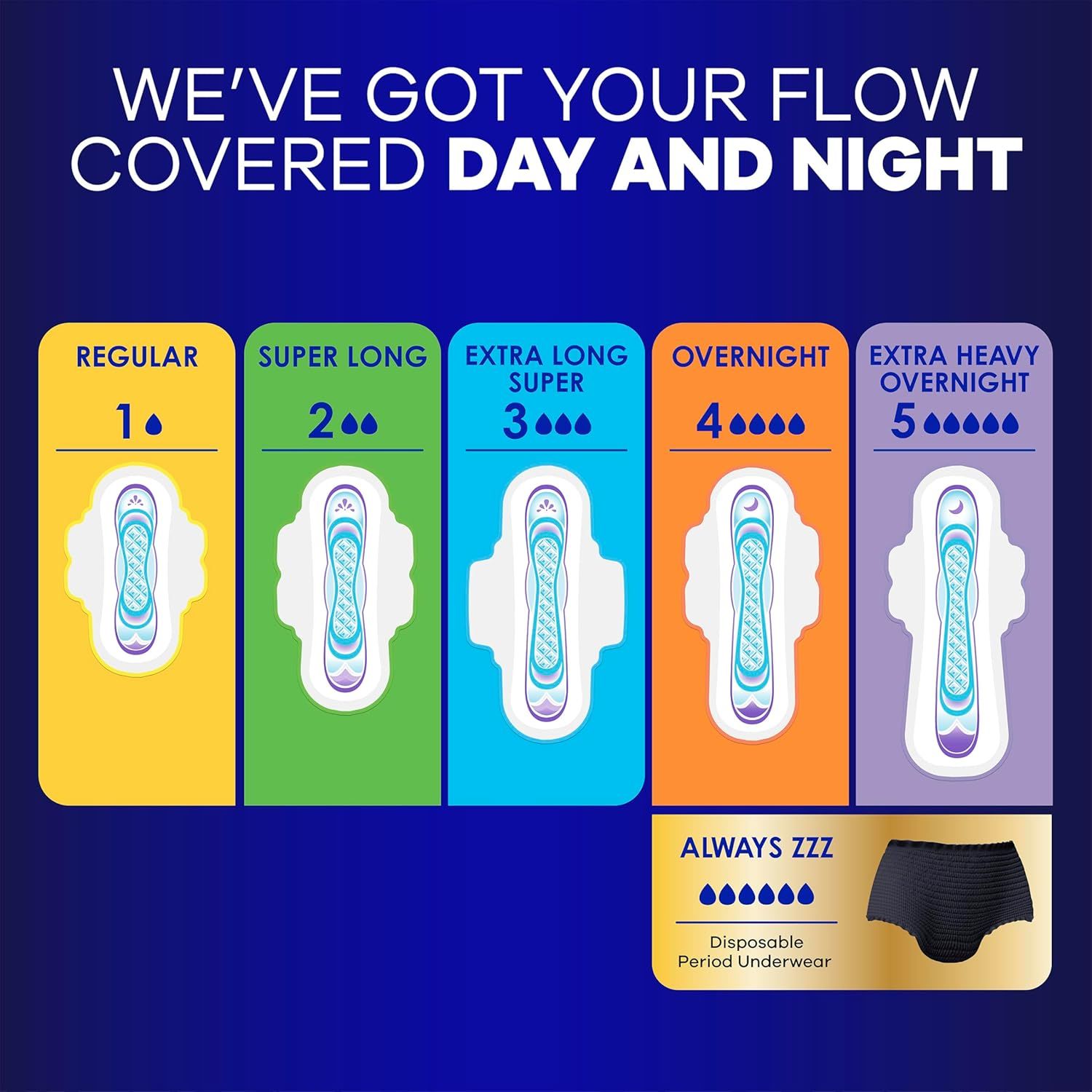 Helps shoppers choose the right pad from the brand's product lineup by showing all available absorbency options from Regular to Extra Heavy Overnight, plus disposable period underwear.