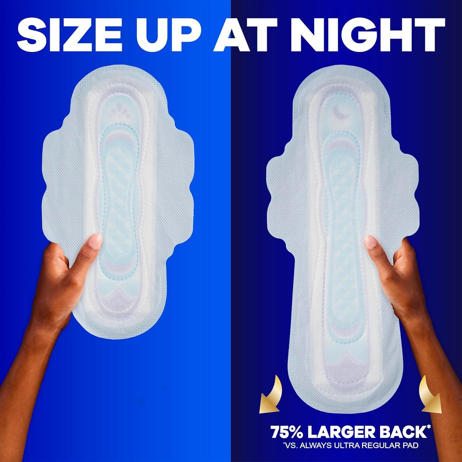 Demonstrates that this pad offers 75% more back coverage at night compared to a competing regular pad, reassuring shoppers of superior protection. Highlights the quantifiable performance advantage…