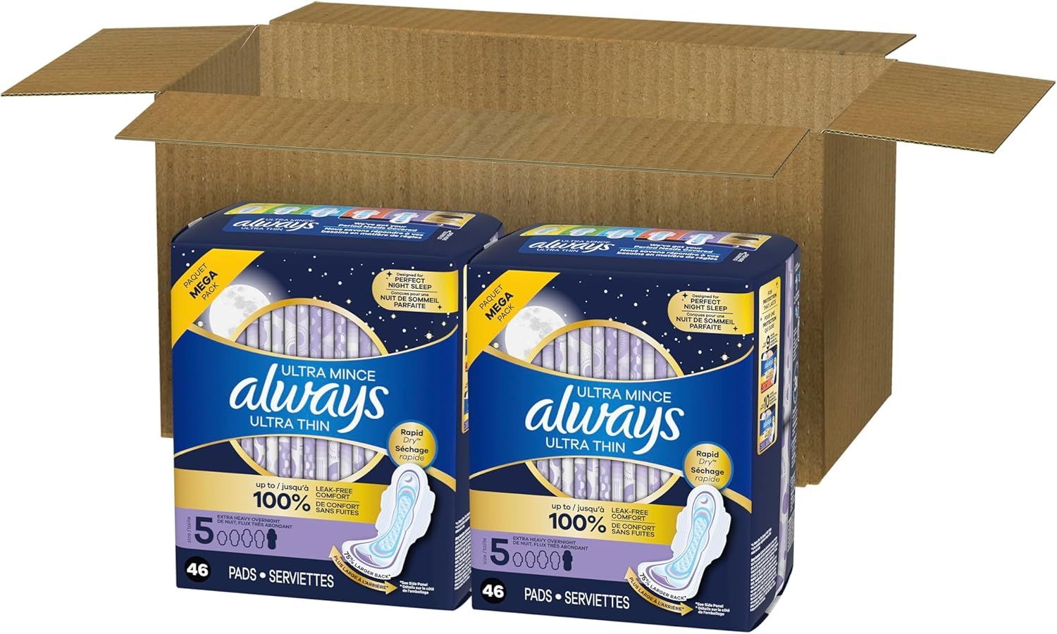 Shows the customer they will receive two boxes of Always Ultra Thin pads in a bulk shipping box, communicating value and quantity for subscription or bulk purchase.