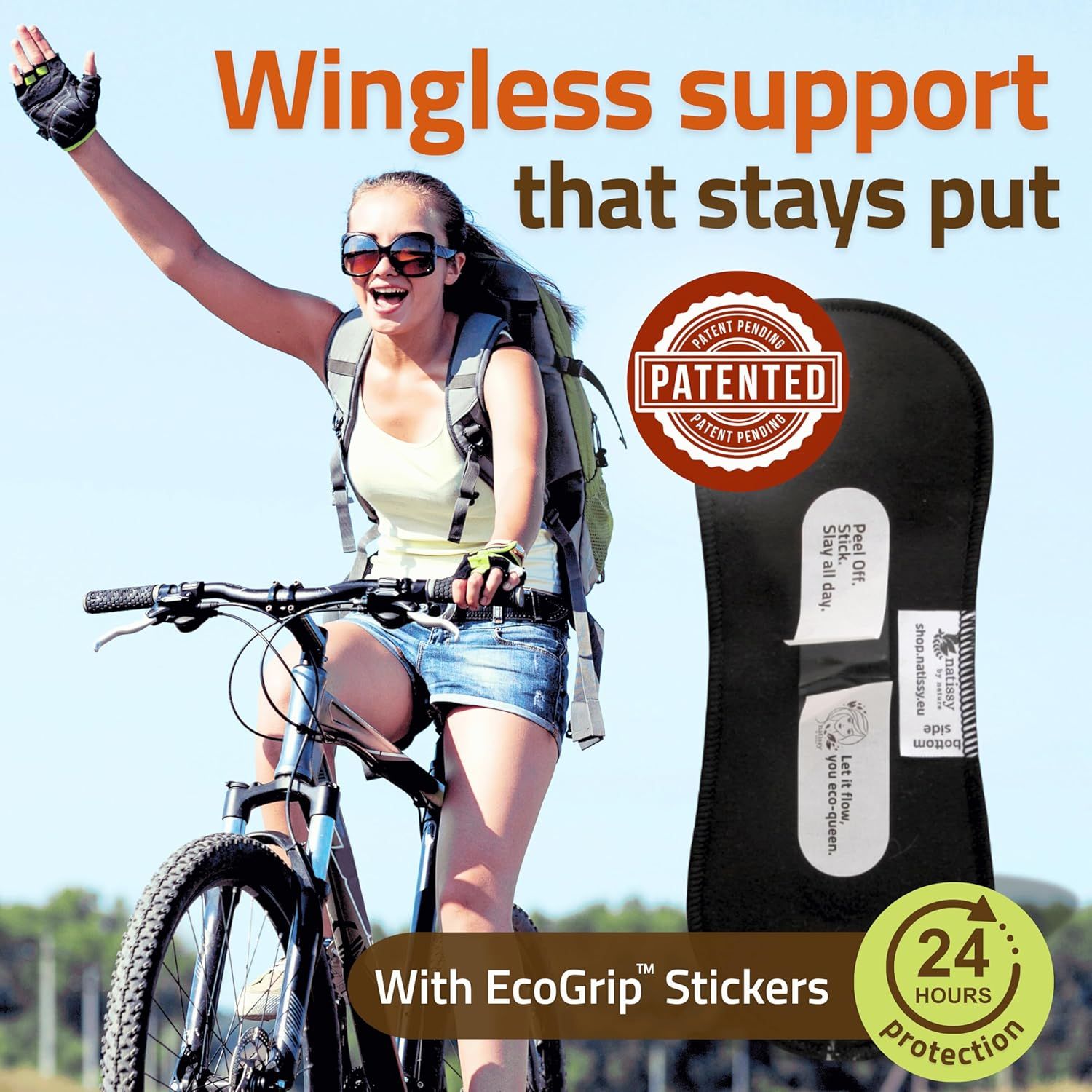 Communicates multiple key benefits of the product including its patented wingless support design, 24-hour protection duration, and eco-friendly sticker technology to reassure shoppers of its…