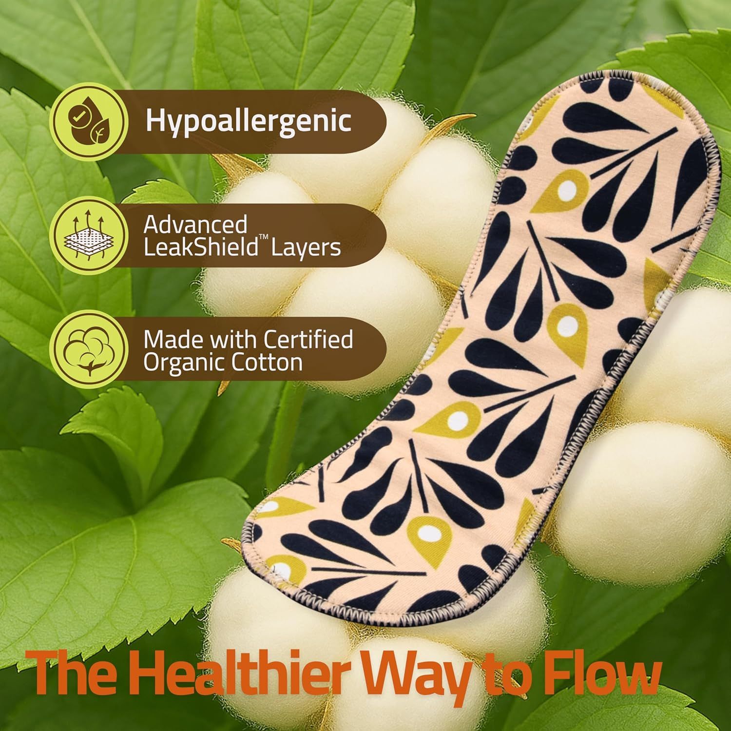 Communicates three distinct product benefits in a segmented layout to reassure shoppers about the safety, performance, and eco-friendly materials of the reusable pad. Highlights the product's safe…