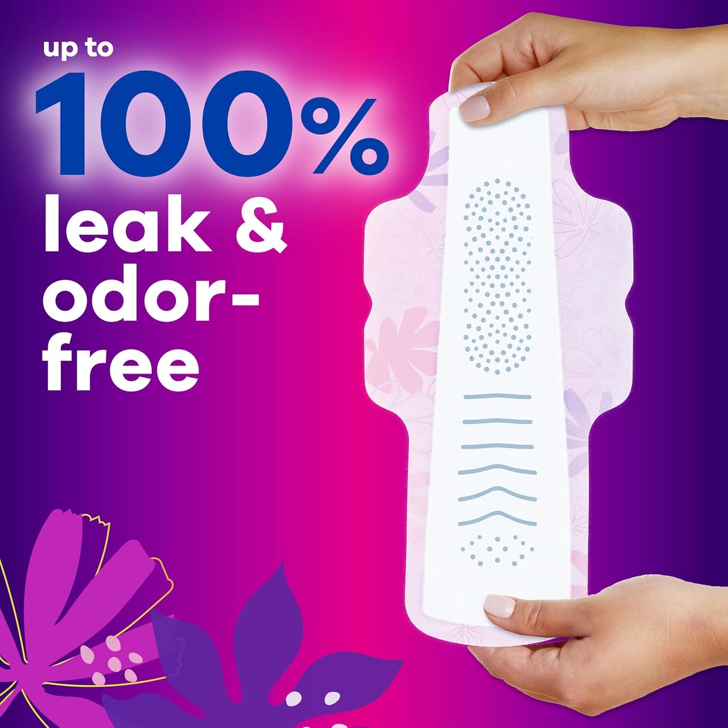 Communicates the product's maximum effectiveness at preventing leaks and odors, using a bold quantifiable claim to reassure shoppers of complete protection. Highlights the core benefit of leak and…