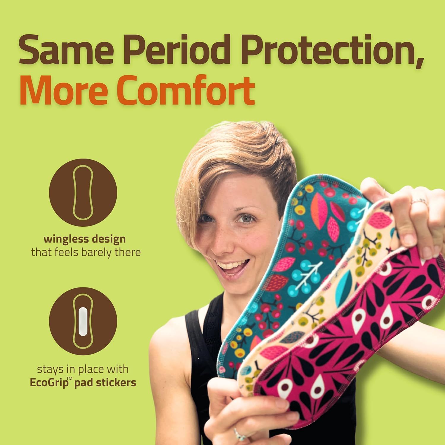 Communicates two distinct product benefits: the wingless design for comfort and the EcoGrip pad stickers for secure placement, reassuring shoppers about both comfort and functionality.