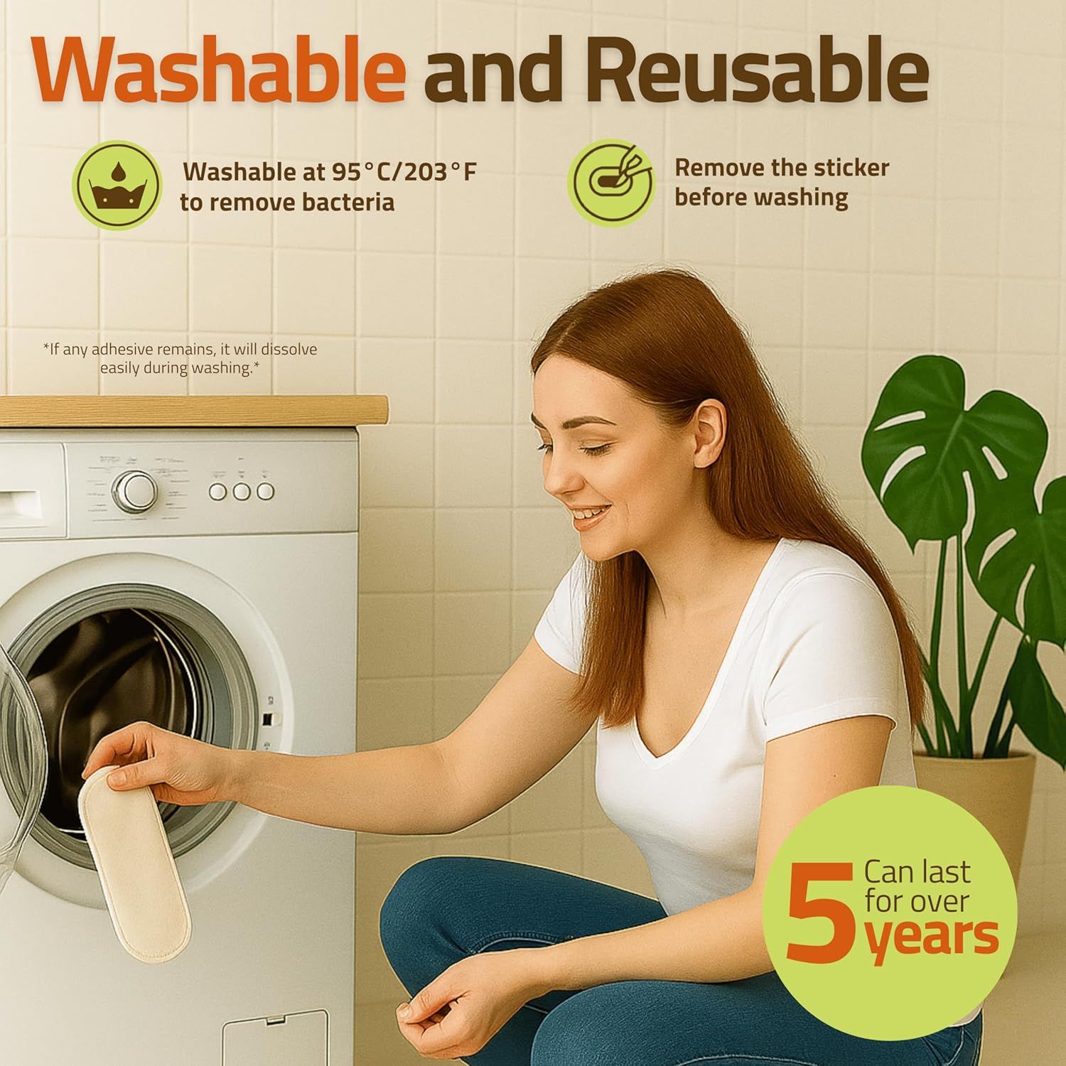 Communicates multiple benefits of the product including its washability at high temperatures to remove bacteria, reusability, and long-term durability (5+ years), reassuring shoppers of its hygiene,…